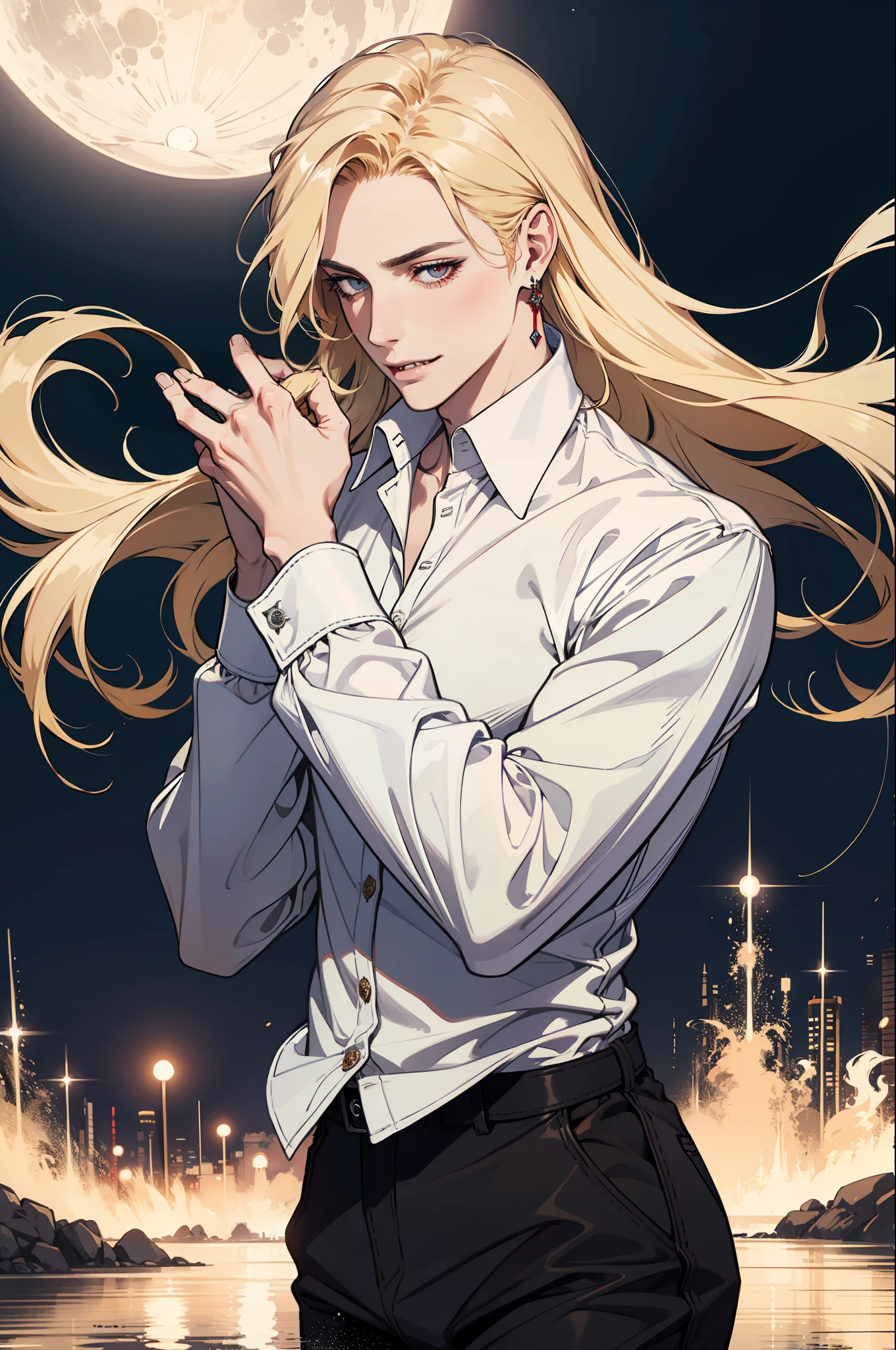 (absurdres, highres, ultra detailed), 1man, 30 years old man, adult man, handsome, tall,, finely detailed eyes and detailed face, leather pants, (((white shirt))), night, smile, dutch angle, ((long hair, blonde hair)), moon, gold details, earrings, gothic, vampire, vampire prince, dark, simple clothes, looking at the view, pale skin, red detailed eyes, (masculine), sexy, elegant, long bangs, detailed hands