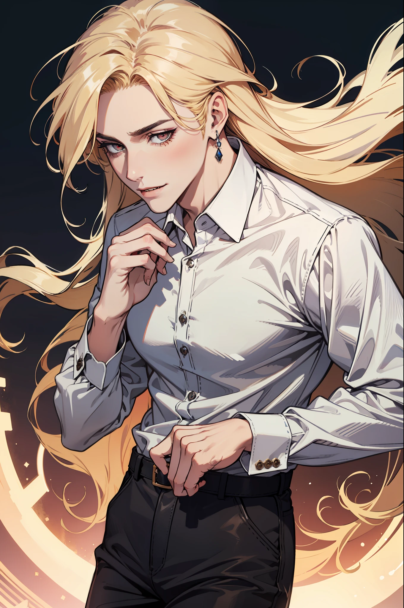 (absurdres, highres, ultra detailed), 1man, 30 years old man, adult man, handsome, tall,, finely detailed eyes and detailed face, leather pants, (((white shirt))), night, smile, dutch angle, ((long hair, blonde hair)), moon, gold details, earrings, gothic, vampire, vampire prince, dark, simple clothes, looking at the view, pale skin, red detailed eyes, (masculine), sexy, elegant, long bangs, detailed hands