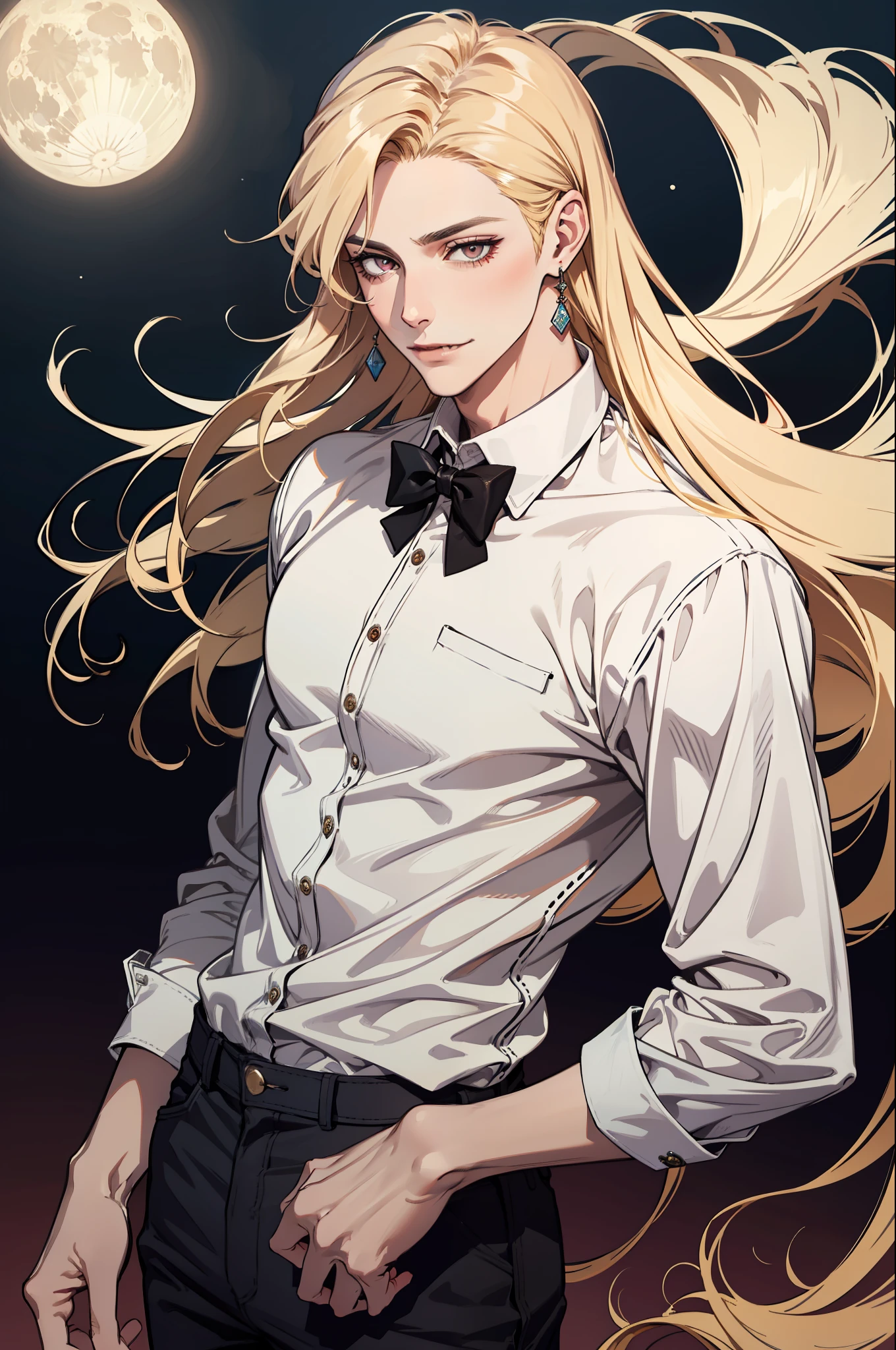 (absurdres, highres, ultra detailed), 1man, 30 years old man, adult man, handsome, tall,, finely detailed eyes and detailed face, leather pants, (((white shirt))), night, smile, dutch angle, ((long hair, blonde hair)), moon, gold details, earrings, gothic, vampire, vampire prince, dark, simple clothes, looking at the view, pale skin, red detailed eyes, (masculine), sexy, elegant, long bangs, detailed hands