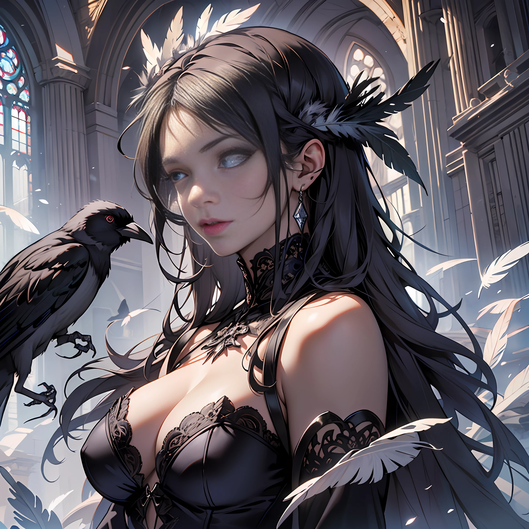 An extremely detailed portrait of an demoniac beautiful gothic vampire woman in a victorian decorum, perfect body, (realistic mature woman), ((detailed Background)), (detailed grey sky), (detailed gothic suit), (detailed eyes). (dramatic lighting), ((Masterpiece)), ((crows)), ((perfect detailed hands)), detailed cloud, ((intricate detail)), (((mature woman))), red Jewel-like eyes, (floating Strands of hair), black long hair, (((smooth skin))), (Haze), moonlight, ((surrounded by floating feathers and leafs)), focus on the subject, chiaroscuro, wind, road, church, HD wallpaper, UHD image --auto --s2