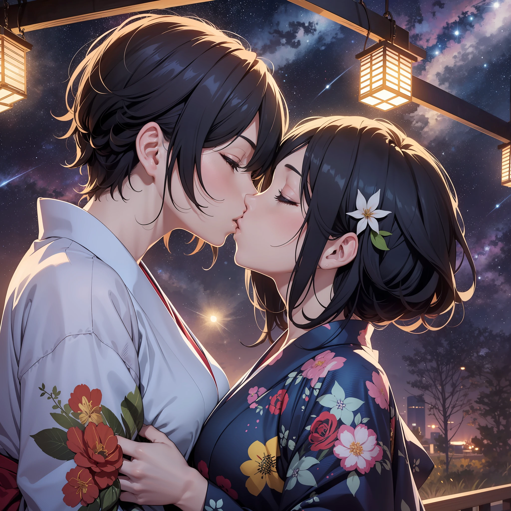 Anime couple in kimono kimono Kimono kimono and kimono kimono woman kimono, anime style 4 K, anime wallpaper 4 K, anime wallpaper 8 K, 4K anime wallpaper, anime art wallpaper 4 K, anime art wallpaper 4K, 4K manga wallpaper, Gwaitz, Los Tran and Makoto Shinkai style artwork, female and female couples hugging each other as the starry sky sparkles, (kiss:1.5), Capture the moment of exchanging kisses. Women wear yukata that shows their chests,  The scene is depicted in an anime-inspired style, meticulously drawn in every detail and presented in 16k high resolution. The lighting is fantastic, with the intersection of starlight and moonlight, softly illuminating the couple. The colors take advantage of the contrast between the vivid colors of the yukata and the deep blue and white of the starry sky. For compositions, use a medium telephoto lens and make sure the couple is centered on the screen. , shooting stars, detailed facial details