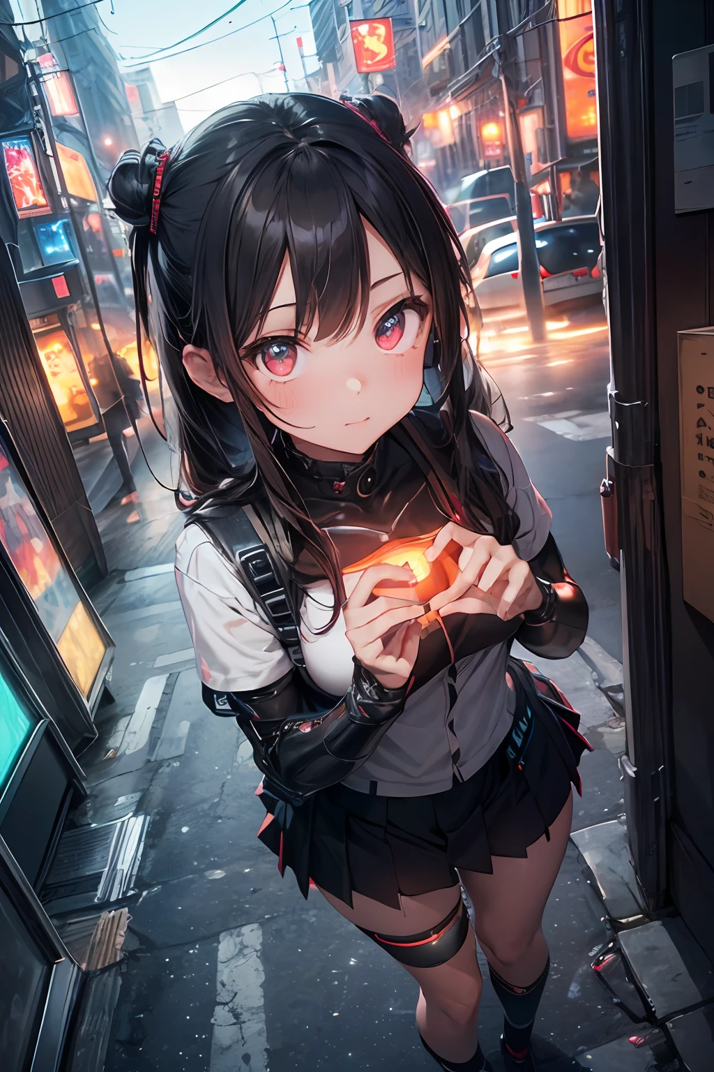 (Cyberpunk theme, epic scenery, neon filled megacity, neon lights, night), (megacity in background), (aerial view), (raytracing), (raytraced reflections, raytraced shadows, RTX global illumination), (delicate and ***ite **** girl, beautiful and elegant girl), ((futuristic clothing)), (brown hair, long hair, detailed face, cute face, robot eyes, glowing eyes), (nice hands, perfect hands), (masterpiece:1.2, best quality), (real picture, intricate details)