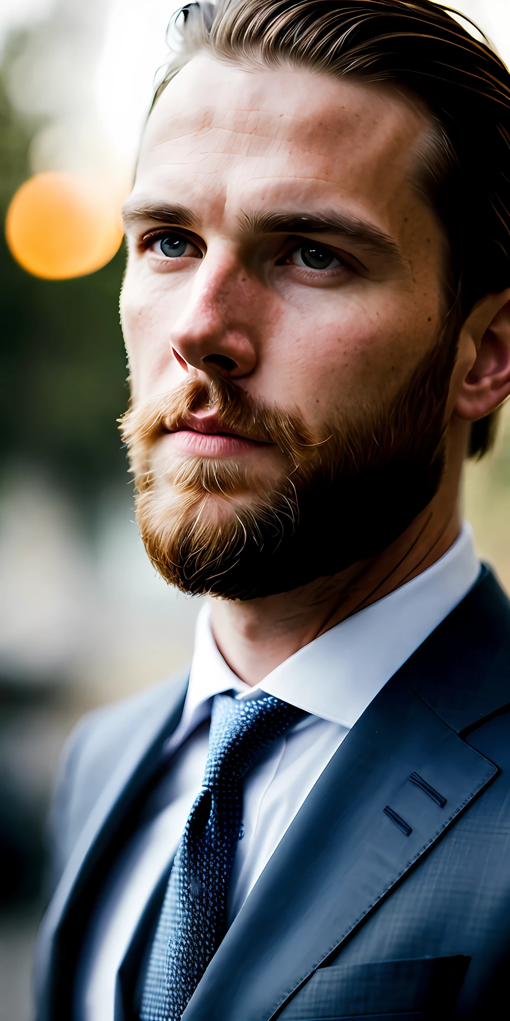 Portrait of modern white man, wearing suit, short social hair, beard, cinematic lighting, depth of field, bokeh, realism, photorealistic, hyperrealism, professional photography, uhd, dslr, hdr