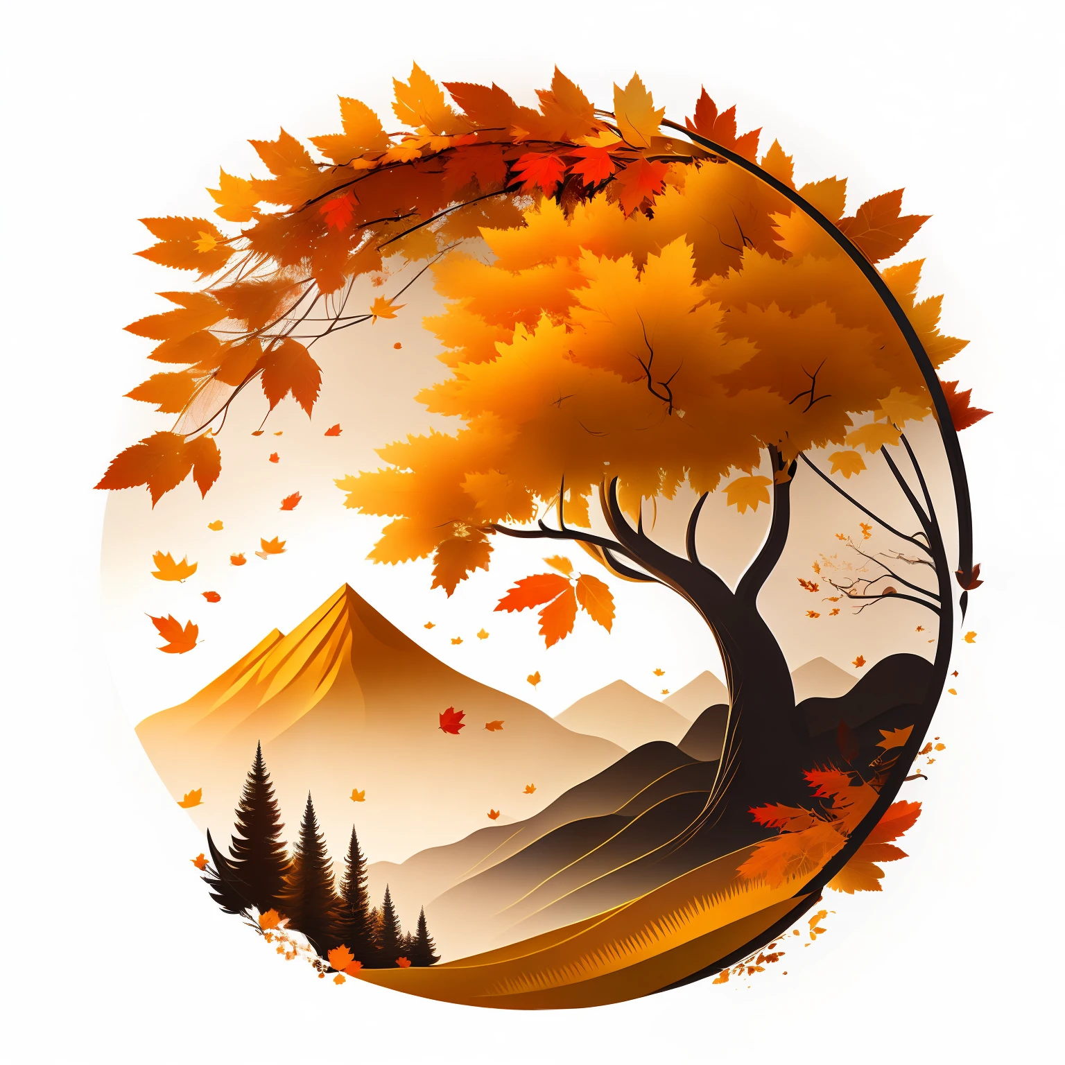 Maple tree in autumn landscape, golden mountain, fallen leaves, t-shirt design, rzminjourney, vector art, circular silhouette, white background