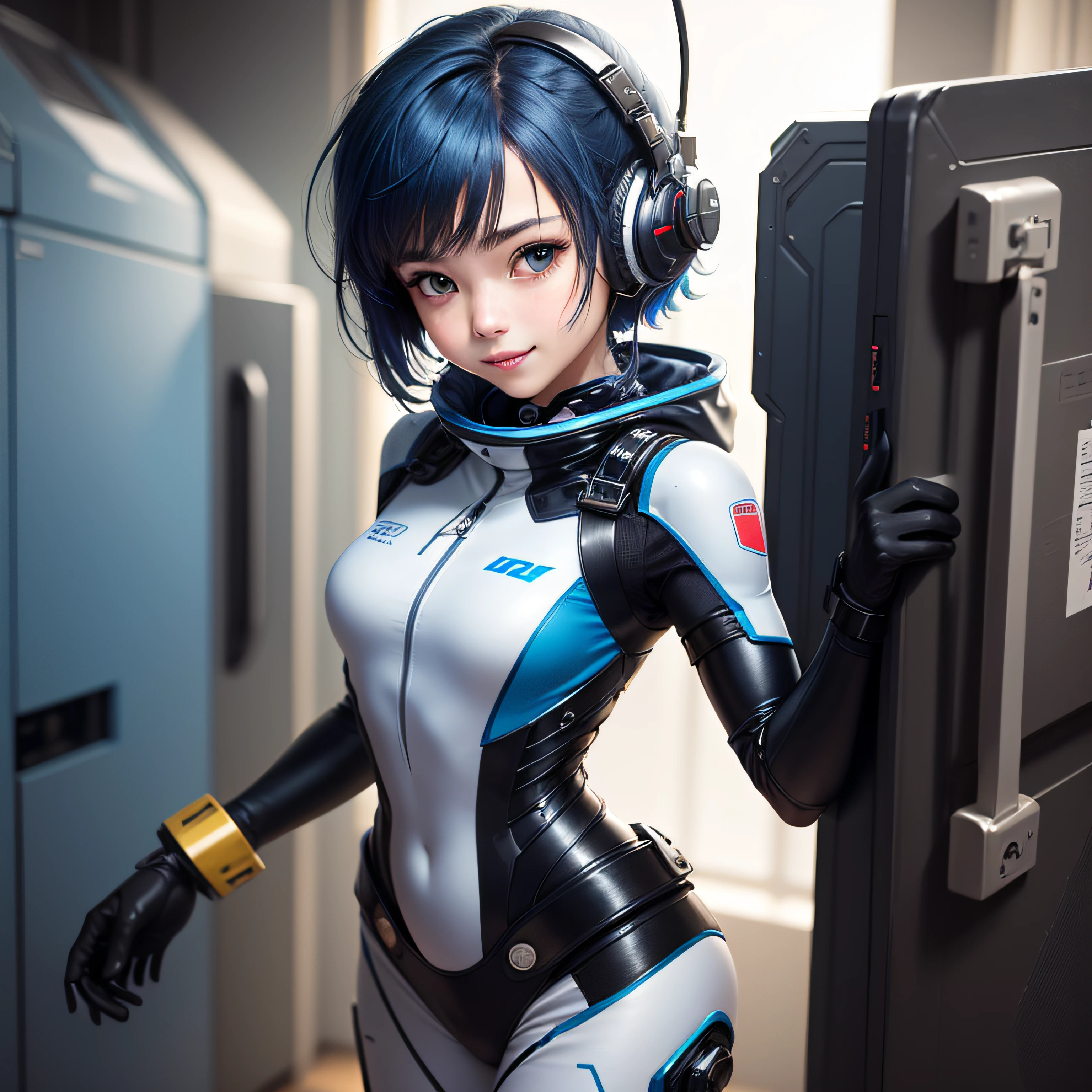 (masterpiece, highest quality, highest resolution, distinct_image, detailed details): (Solo, lone girl, face is Japan person, short cut, blue-haired girl, full body figure, (perfect body: 1.4), sparkly blue color eyes, pilot suit in white and blue color, tight fit clothes, clothes covering the whole body, very delicate and beautiful, detailed skin, slim body, exoskeleton, Gentle smile, heroine, headset, boots)