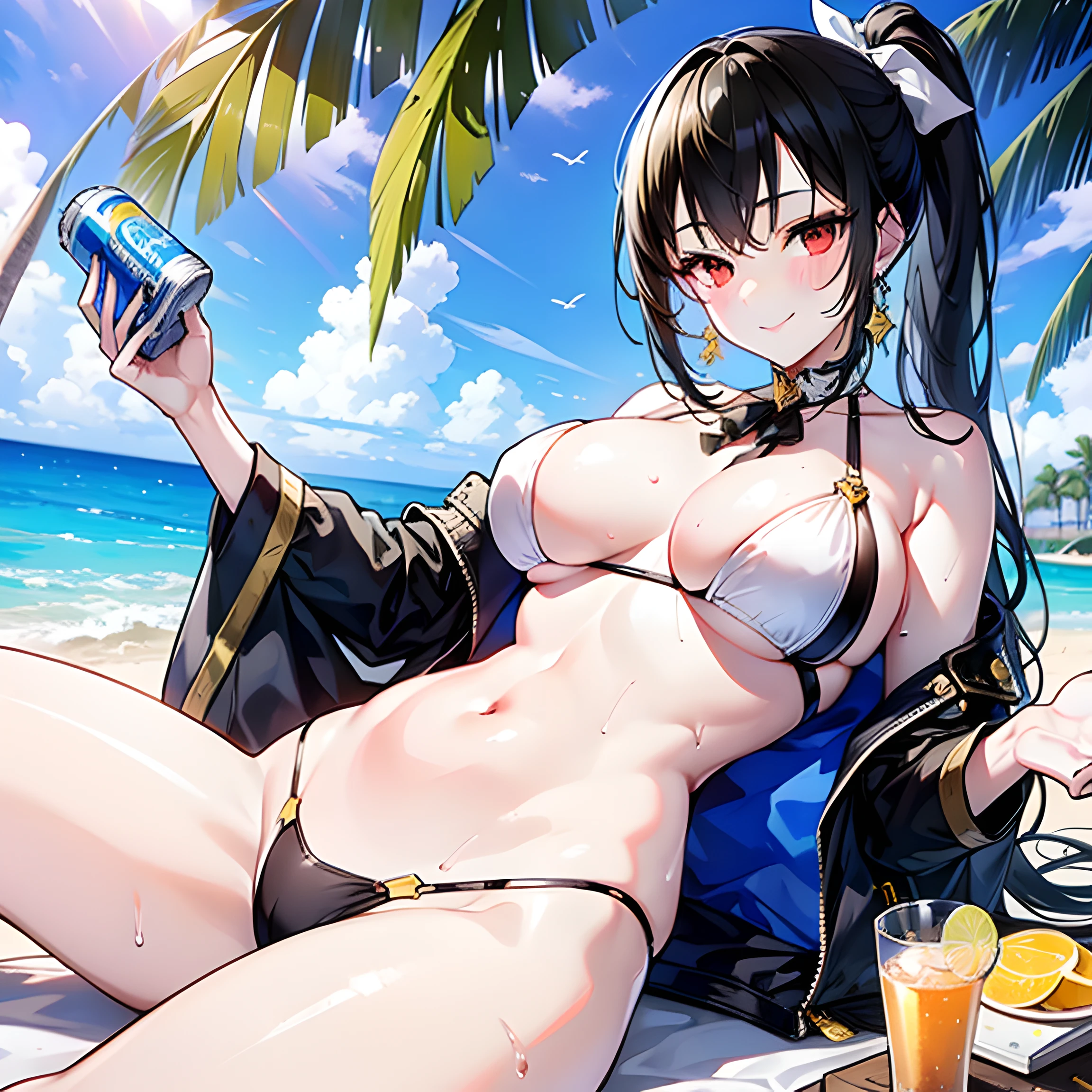 1girl, solo, masterpiece, best quality, realistic, hyperdetailed, (shiny, sweaty skin: 1.4) (swimsuit glued in one piece white neckline to navel), black hair, gold earrings with light blue, black bra, large breasts, black ribbon on the neck, long ponytail hairstyle, white ribbon, red eyes, smiling, drinking a light blue canned drink, Beach, clear and sunny sky, light green palm trees, micro thong.