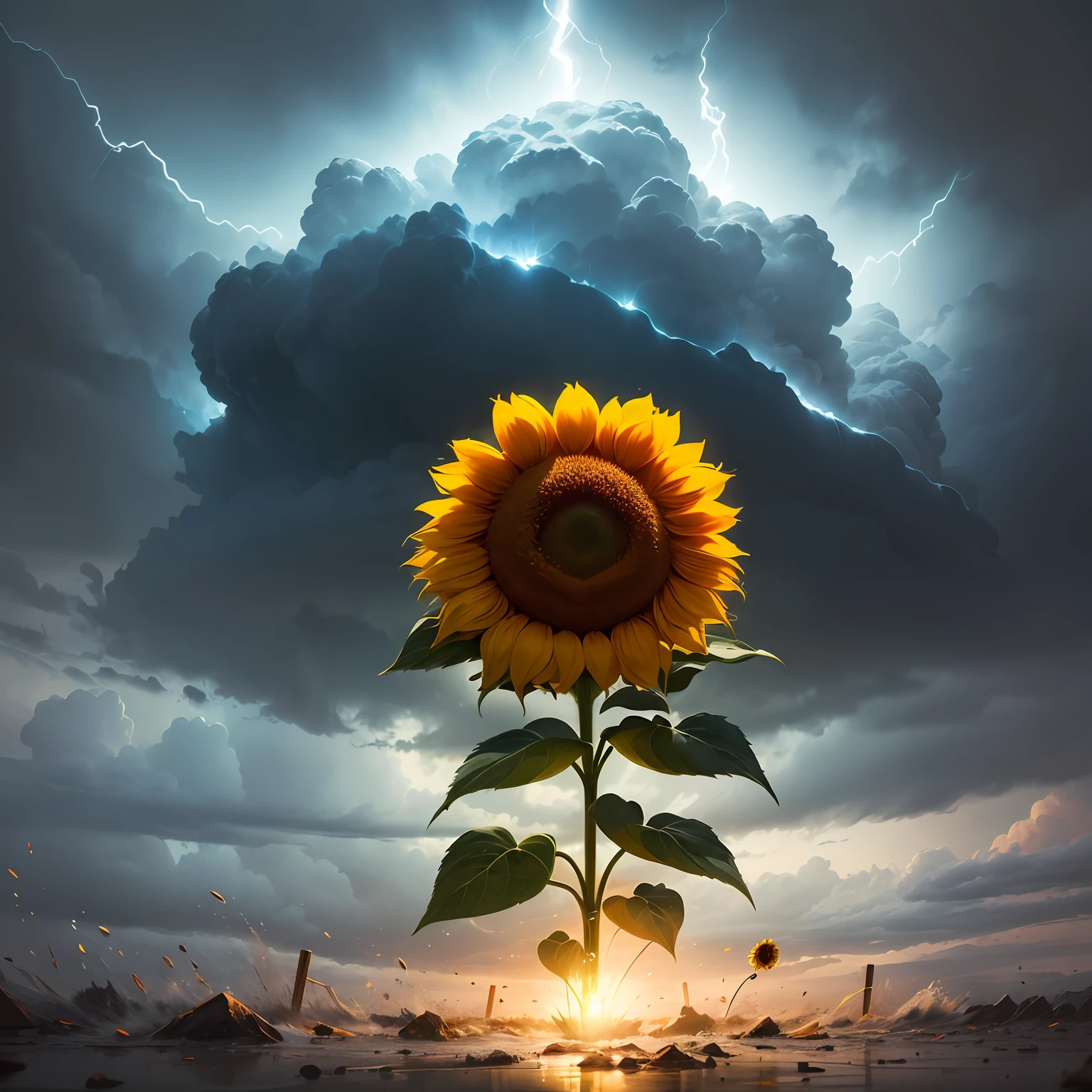 creates a real image of a sunflower and over top a catastrophic mega storm --auto