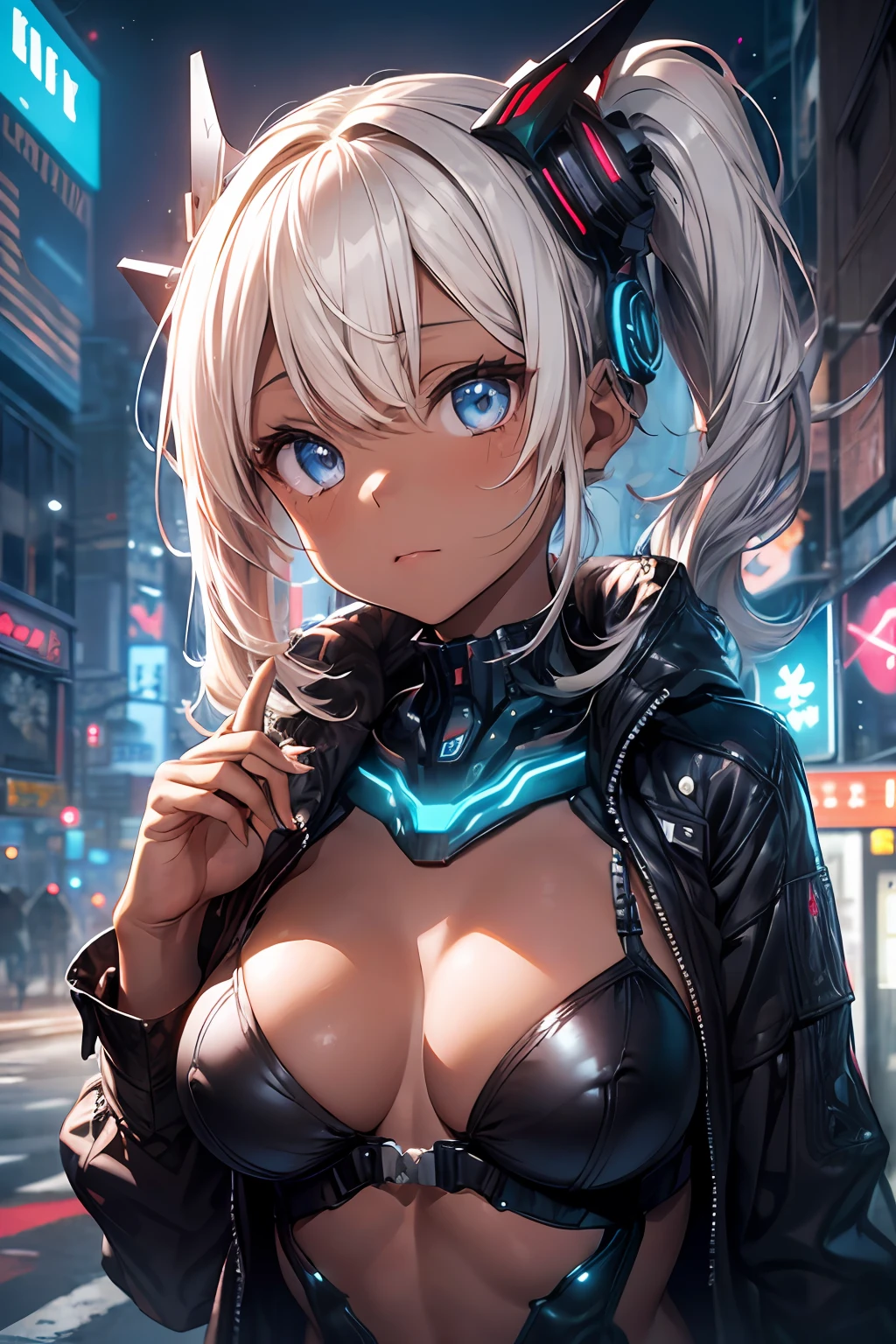 1 girl, ((dark skin)), (platinum blond hair), (cyberpunk, mechanical),  (Delicate and beautiful leotard, coat, headgear), zettai ryouiki, twin tail, (embarrassed expression), detailed skin, (oily skin), glossy skin, fine skin, (beautiful hair), (beautiful blue eyes), looking at viewer, (fullpage of girls), hand with five delicate fingers, (perfect anatomy), (correct limb), (realistic), (dynamic angle), outdoors, (darkness), (neon lights), cyber city, near future city, (midnight), (dark sky), fantasy art background, seductive pose