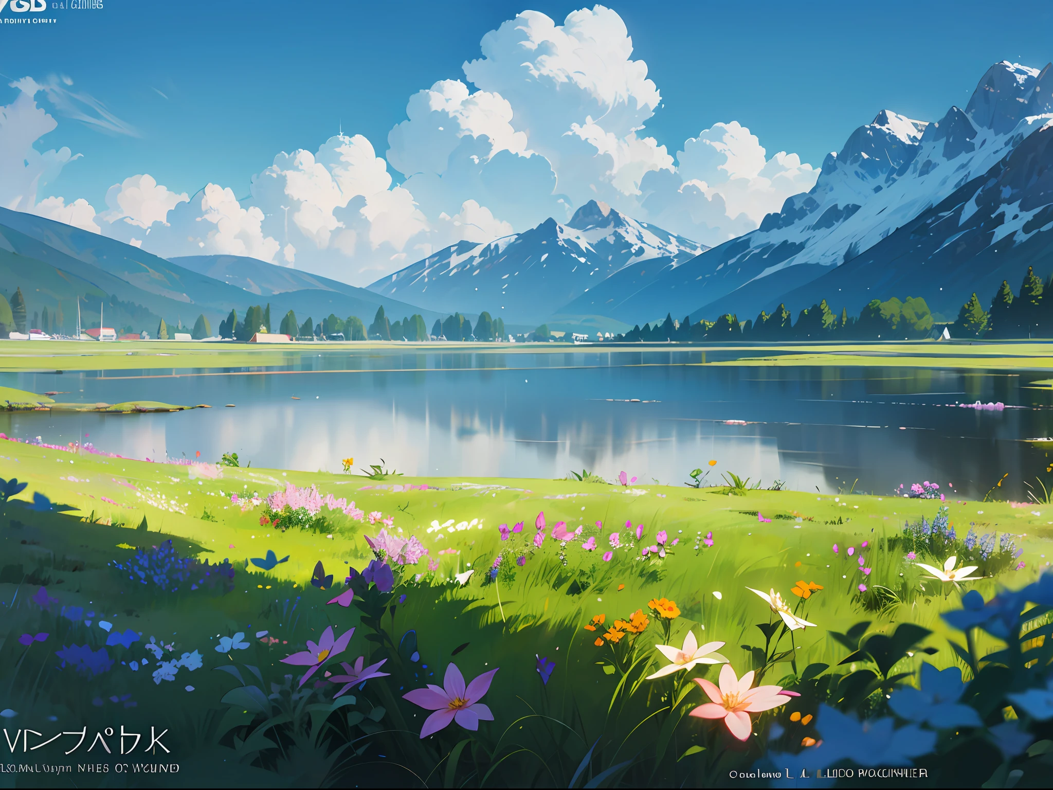 Summer, meadows, lots of small flowers, clear lakes, sheep, heaven, big clouds, blue sky, hot weather, HD details, wet watermarks, hyper-detail, cinematic, surrealism, soft light, deep field focus bokeh, distant is snowy mountains, ray tracing and surrealism. --v6