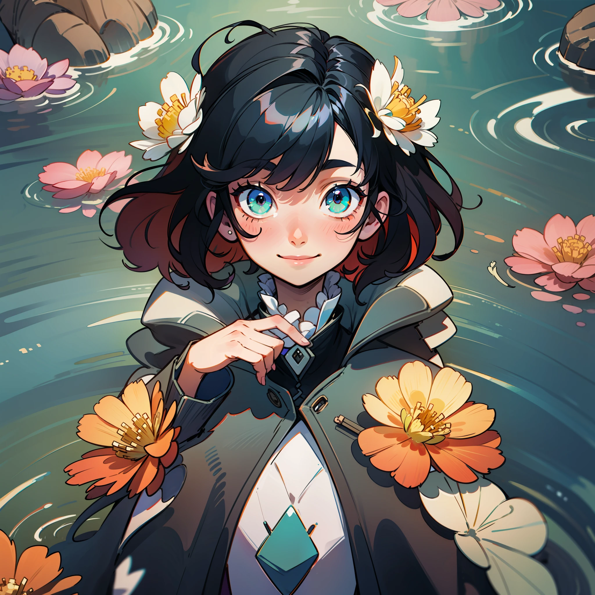 Girl, black hair, messy hair, green eye, vibrante eye color, detailed eye, water scenair, florest background, detailed background, detailed nose, better mouth, long coat, flower suit, sitting on wate, smile expression, detailed art, better art, masterpiece, better anatomy, hd, 4k, vibrant color, soft shadow, better ilumination,