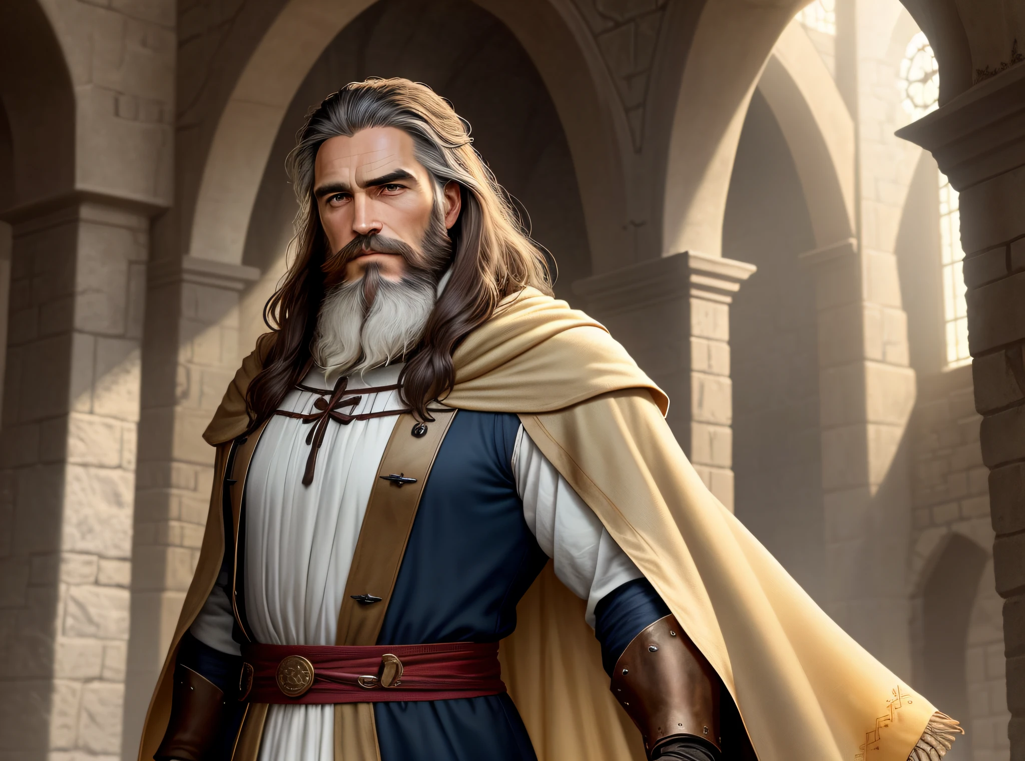The 8K high-resolution image depicts the face of a middle-aged man, bearded and dressed in typical clothes from the time of Jesus, in a setting that harks back to the medieval era.
The man has striking features, with a thick and well-groomed beard, which gives him an imposing and mature appearance. Her dark brown hair is slightly wavy and falls down to her shoulders, highlighting her masculinity.
The man's face displays soft wrinkles and serene expressions, denoting wisdom and life experience. His eyes are deep and piercing, conveying a mixture of determination and compassion.
He wears a long tunic, earthy in color or shades of brown, typical of medieval times, with wide sleeves and discreet lacings. The tunic is complemented by a loose cloak over the shoulders, which can be of a darker shade, such as gray or dark blue, giving a touch of elegance.
The scenery around the man is richly detailed, with elements that evoke the medieval atmosphere, such as stone walls and a rustic environment. The natural, softly filtered light creates a warm, golden aura, enhancing the man's features and adding a mystical touch to the scene.
Although the image is set in medieval times, the presence of the bearded, clothed man from the time of Jesus suggests a connection between these historical periods. The serene expression on his face conveys a sense of wisdom and inner peace.
This 8K high-resolution image can be used to convey the representation of a character with a striking presence, whose look and appearance resonate with the idea of an inspiring and wise figure, harking back to both the medieval era and the time of Jesus.