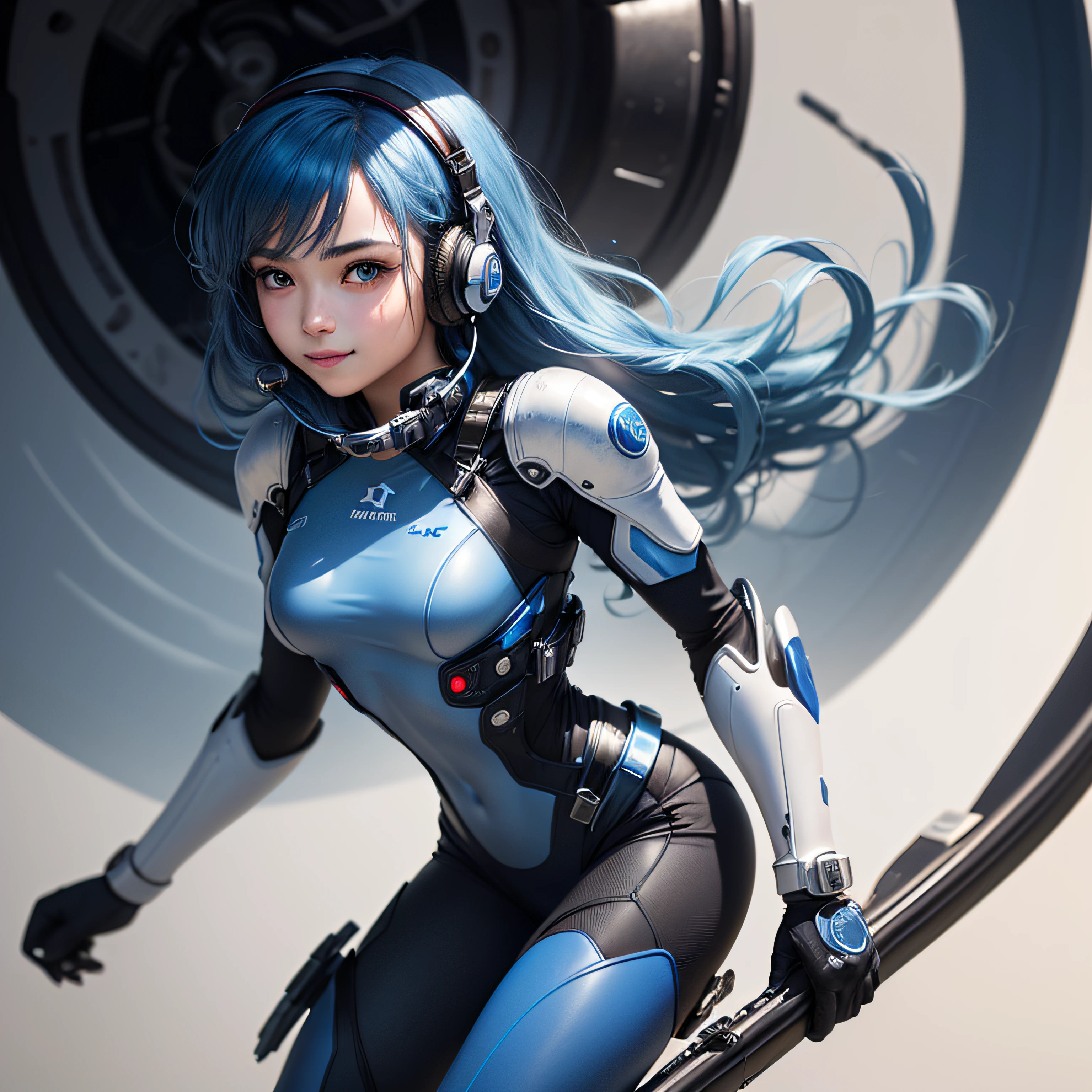 (masterpiece, highest quality, highest resolution, distinct_image, detailed details): (Solo, lone girl, face is Japan person, short cut, blue-haired girl, full body figure, (perfect body: 1.4), sparkly blue color eyes, pilot suit in white and blue color, tight fit clothes, clothes covering the whole body, very delicate and beautiful, detailed skin, slim body, exoskeleton, Gentle smile, heroine, headset, boots)