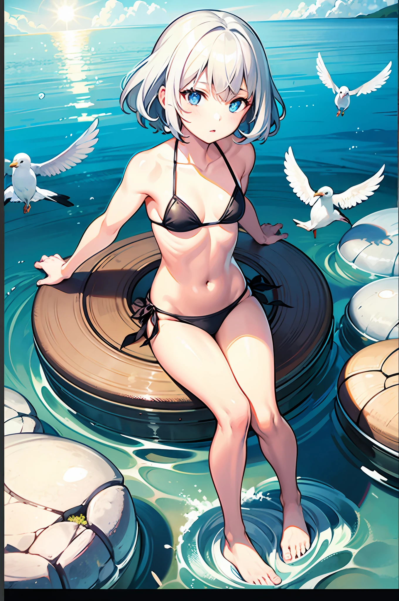 1girl, , ocean, bikini, urine, seagull, flat chest, white hair, high quality, high resolution, dull hair, blue eyes