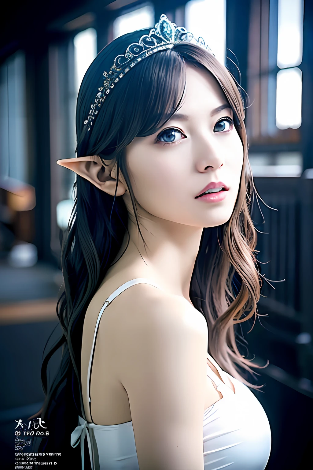 Ultra-detailed complex 3D rendering of the face, (Colossal: 8.8), (masterpiece, top quality, octane rendering, 8K), glamour shot full body image, very beautiful young elf, cleavage, (very detailed skin: 1.2), (exposure: 1.1), (blonde elf)))), (wearing a plummeted tank top of white silk: 1.5)), , Beautiful Caucasian woman with big buttocks full soft breasts and white skin, one, long braided hair, big breasts, dynamic angle, mystical expression, ultra-realistic photos, (((((portrait)))), bare feet, futuristic urban background, facial muscles, detailed and beautiful queen tiara, in the style of Marvel Comics, ArtStation trends, clear focus, studio photography, Intricate detail, highly detailed, detailed yellow eyes, sharp focus, digital rendering, professional, abs, shot with Canon EOS R 6, ((Sexy Pose)))), Natural jungle, Mouth opening lightly, Mansuji,