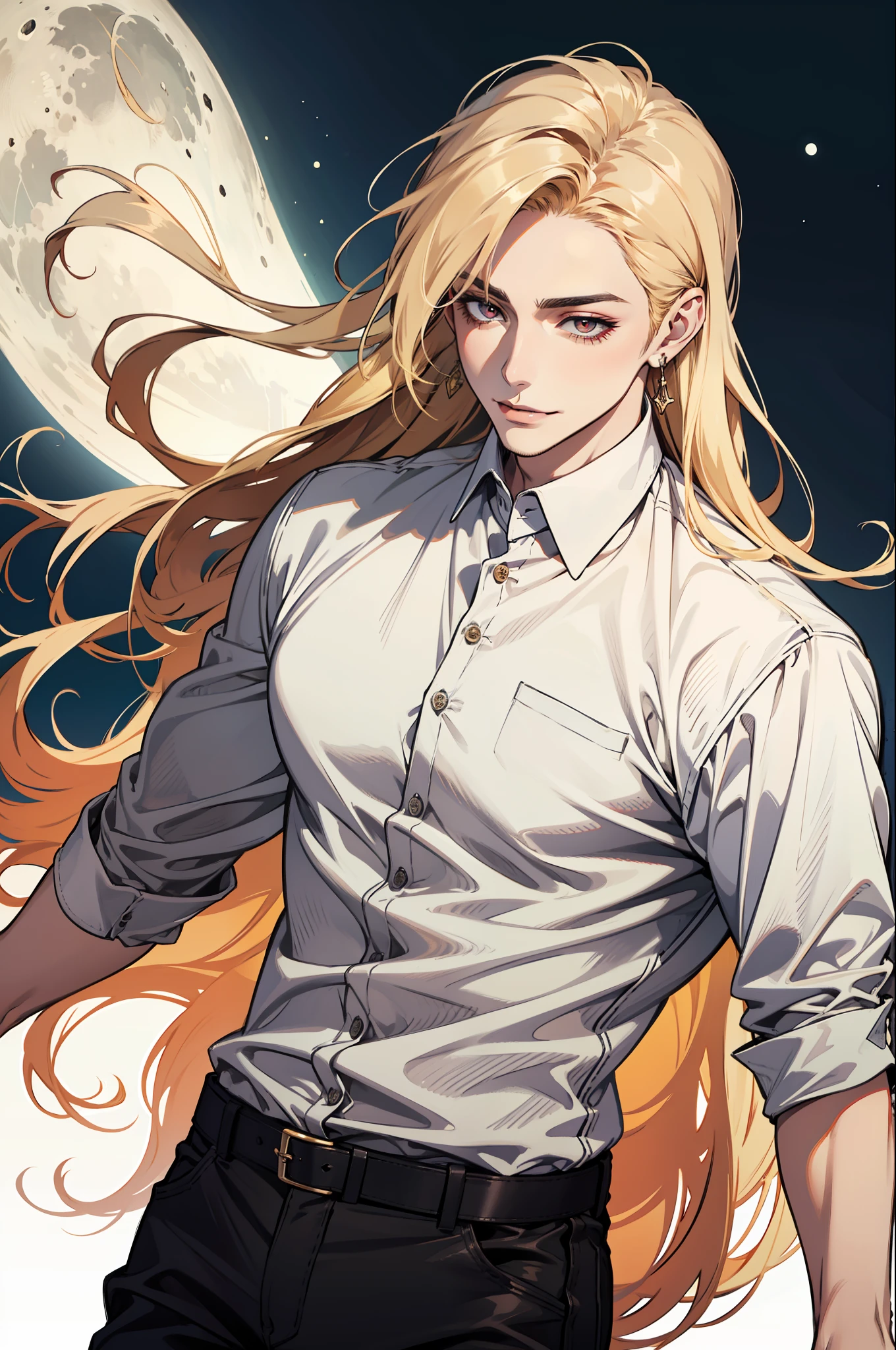 (absurdres, highres, ultra detailed), 1man, 30 years old man, adult man, handsome, tall,, finely detailed eyes and detailed face, leather pants, (((white shirt))), night, smile, dutch angle, ((long hair, blonde hair)), moon, gold details, earrings, gothic, vampire, vampire prince, dark, simple clothes, looking at the view, pale skin, red detailed eyes, (masculine), sexy, elegant, long bangs, detailed hands