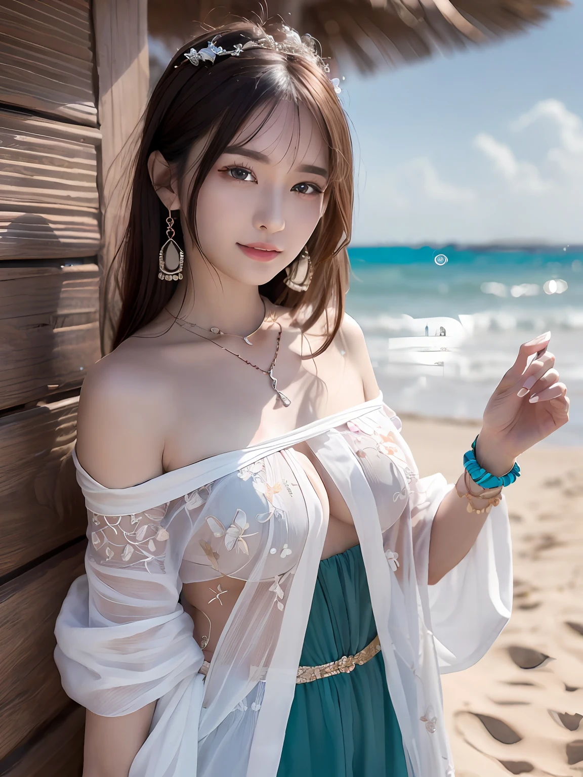(upper body), (best quality:1.1) ,(photorealistic:1.1), (photography:1.1), (highly detailed:1.1), looking at viewer,armlet, Jade bracelet, eyelashes, happy, medium breasts,beautiful detailed girl, (extremely detailed eyes and face), (lighting on face),necklace,Colorful clothes, [chinese clothes],[off shoulder], (solo:1.2), sandbeach,sand,Standing by the seaside, summer, (beautiful detailed sky),