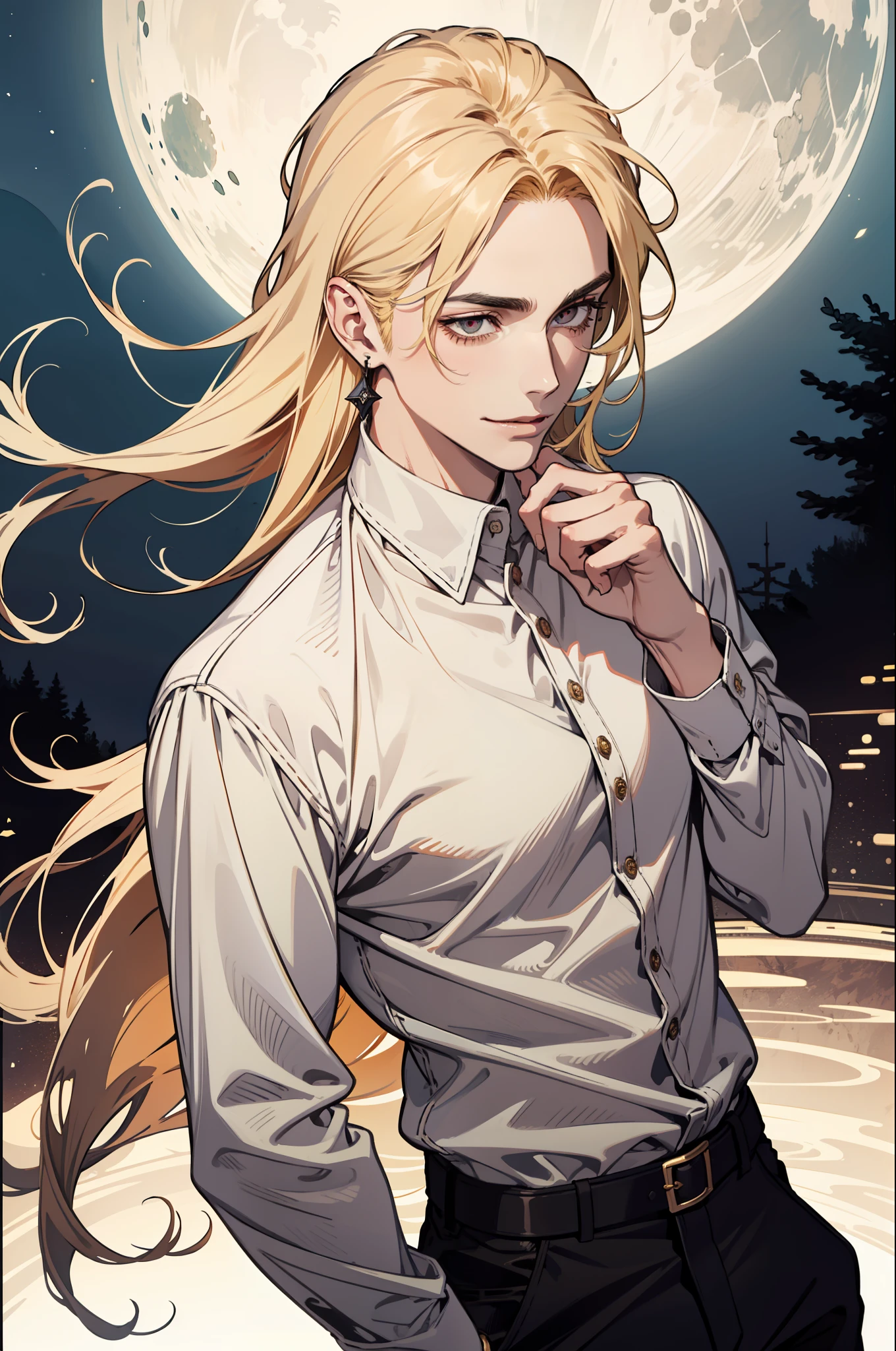 (absurdres, highres, ultra detailed), 1man, 30 years old man, adult man, handsome, tall,, finely detailed eyes and detailed face, leather pants, (((white shirt))), night, smile, dutch angle, ((long hair, blonde hair)), moon, gold details, earrings, gothic, vampire, vampire prince, dark, simple clothes, looking at the view, pale skin, red detailed eyes, (masculine), sexy, elegant, long bangs, detailed hands