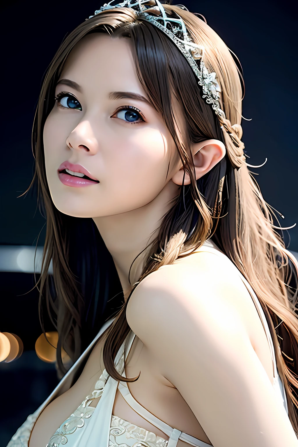 Ultra-detailed complex 3D rendering of the face, (Colossal: 8.8), (masterpiece, top quality, octane rendering, 8K), glamour shot full body image, very beautiful young elf, cleavage, (very detailed skin: 1.2), (exposure: 1.1), (blonde elf)))), (wearing a plummeted tank top of white silk: 1.5)), , Beautiful Caucasian woman with big buttocks full soft breasts and white skin, one, long braided hair, big breasts, dynamic angle, mystical expression, ultra-realistic photos, (((((portrait)))), bare feet, futuristic urban background, facial muscles, detailed and beautiful queen tiara, in the style of Marvel Comics, ArtStation trends, clear focus, studio photography, Intricate detail, highly detailed, detailed yellow eyes, sharp focus, digital rendering, professional, abs, shot with Canon EOS R 6, ((Sexy Pose)))), Natural jungle, Mouth opening lightly, Mansuji,