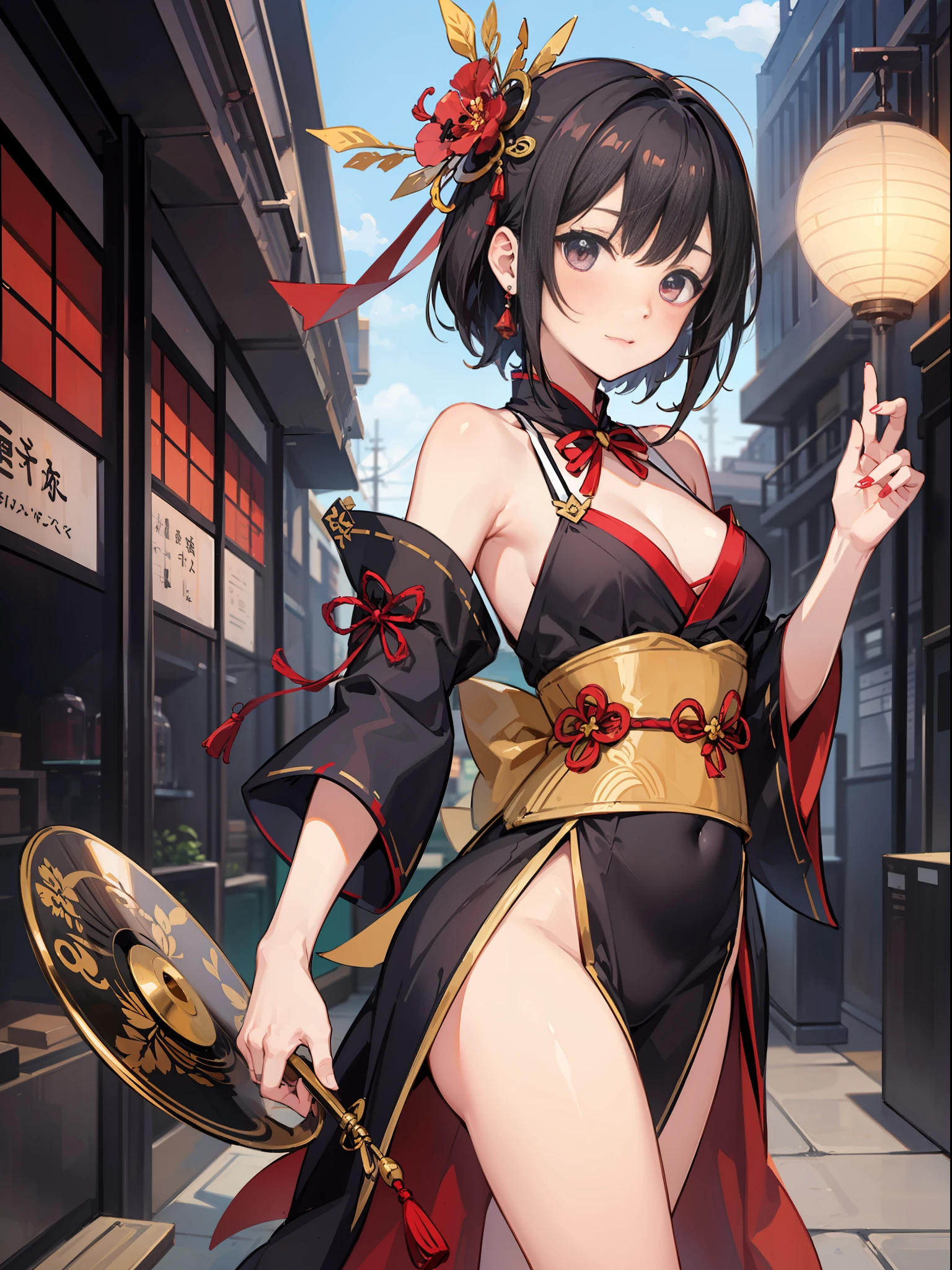 slender beautiful girl, alone, {oiran }, top quality, fine details, no blush, knee-high, small breasts, wearing a mask, dancing, small eyes