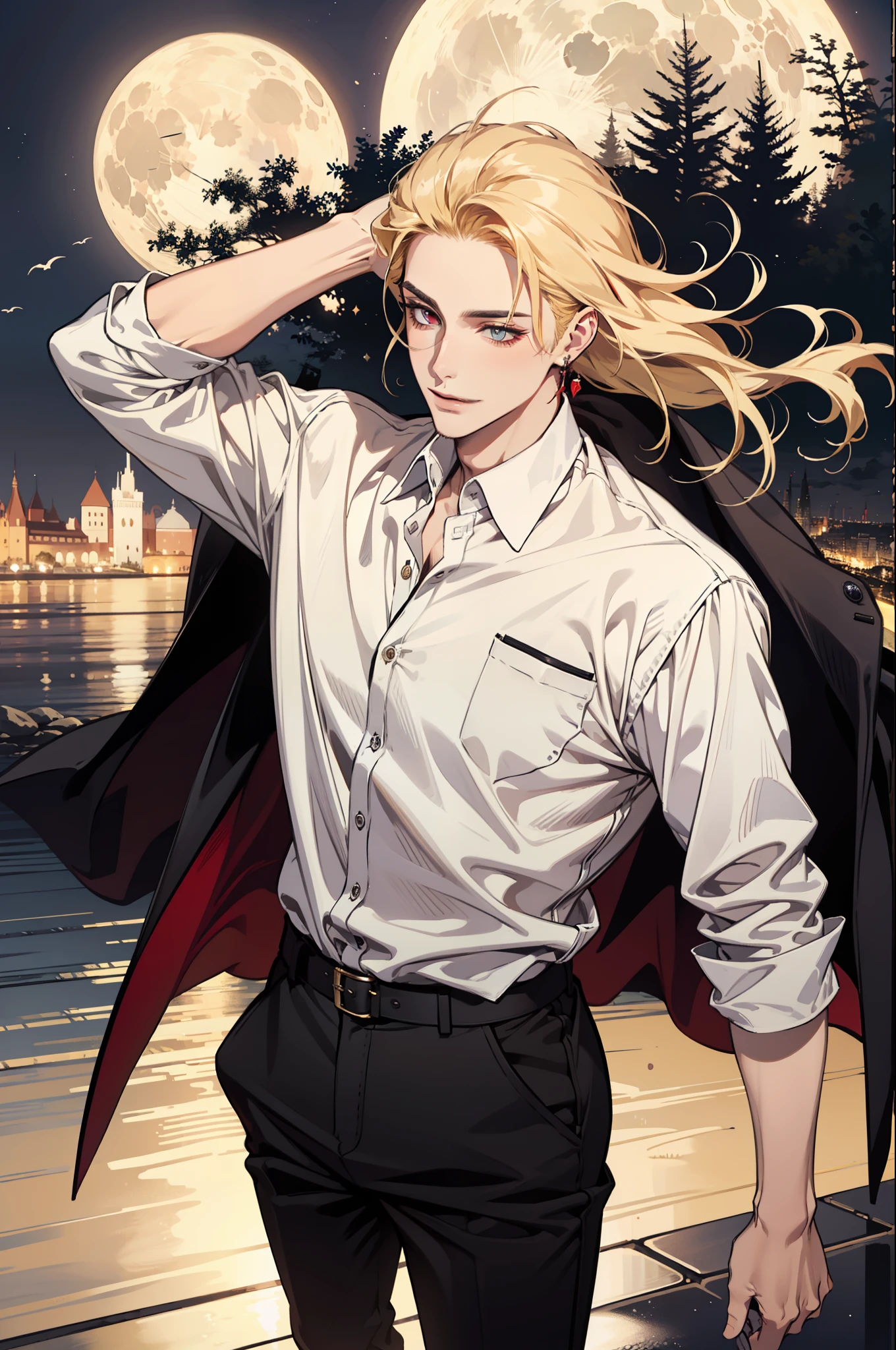 (absurdres, highres, ultra detailed), 1man, 30 years old man, adult man, handsome, tall,, finely detailed eyes and detailed face, leather pants, (((white shirt))), night, smile, dutch angle, ((long hair, blonde hair)), moon, gold details, earrings, gothic, vampire, vampire prince, dark, simple clothes, looking at the view, pale skin, red detailed eyes, (masculine), sexy, elegant, long bangs, detailed hands