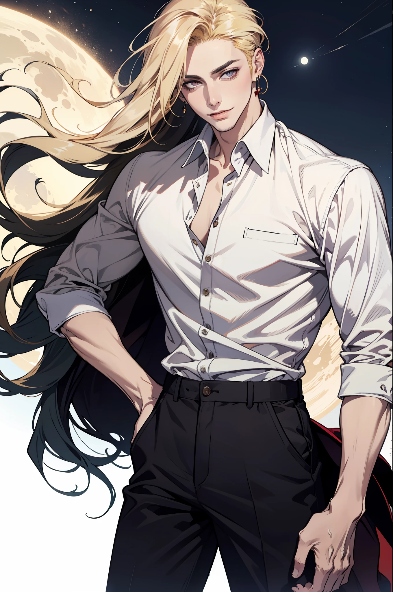 (absurdres, highres, ultra detailed), 1man, 30 years old man, adult man, handsome, tall,, finely detailed eyes and detailed face, leather pants, (((white shirt))), night, smile, dutch angle, ((long hair, blonde hair)), moon, gold details, earrings, gothic, vampire, vampire prince, dark, simple clothes, looking at the view, pale skin, red detailed eyes, (masculine), sexy, elegant, long bangs, detailed hands