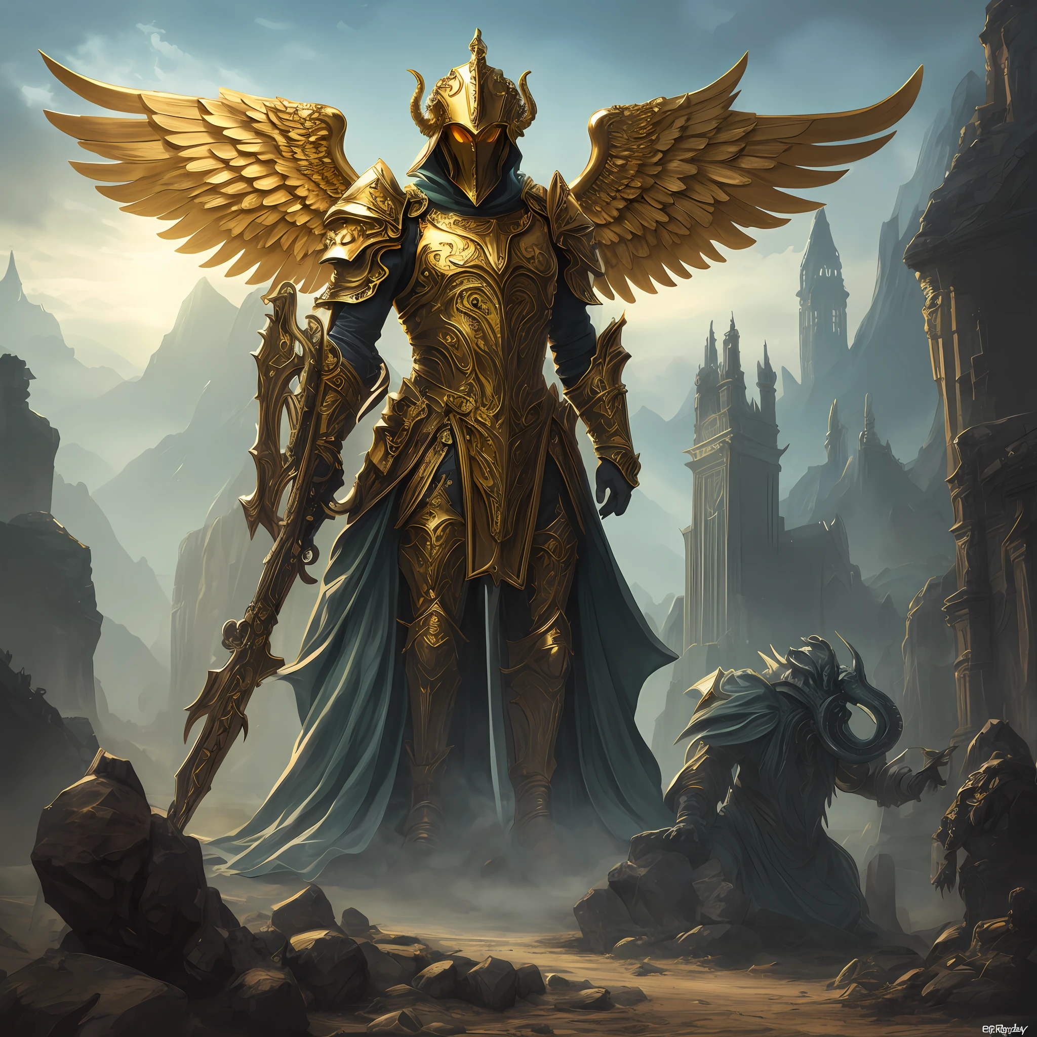 Cthulhu style golden armored angel, metallic halo, faceless, fantasy, concept art, surrealism, character art by Greg Rutkovsky