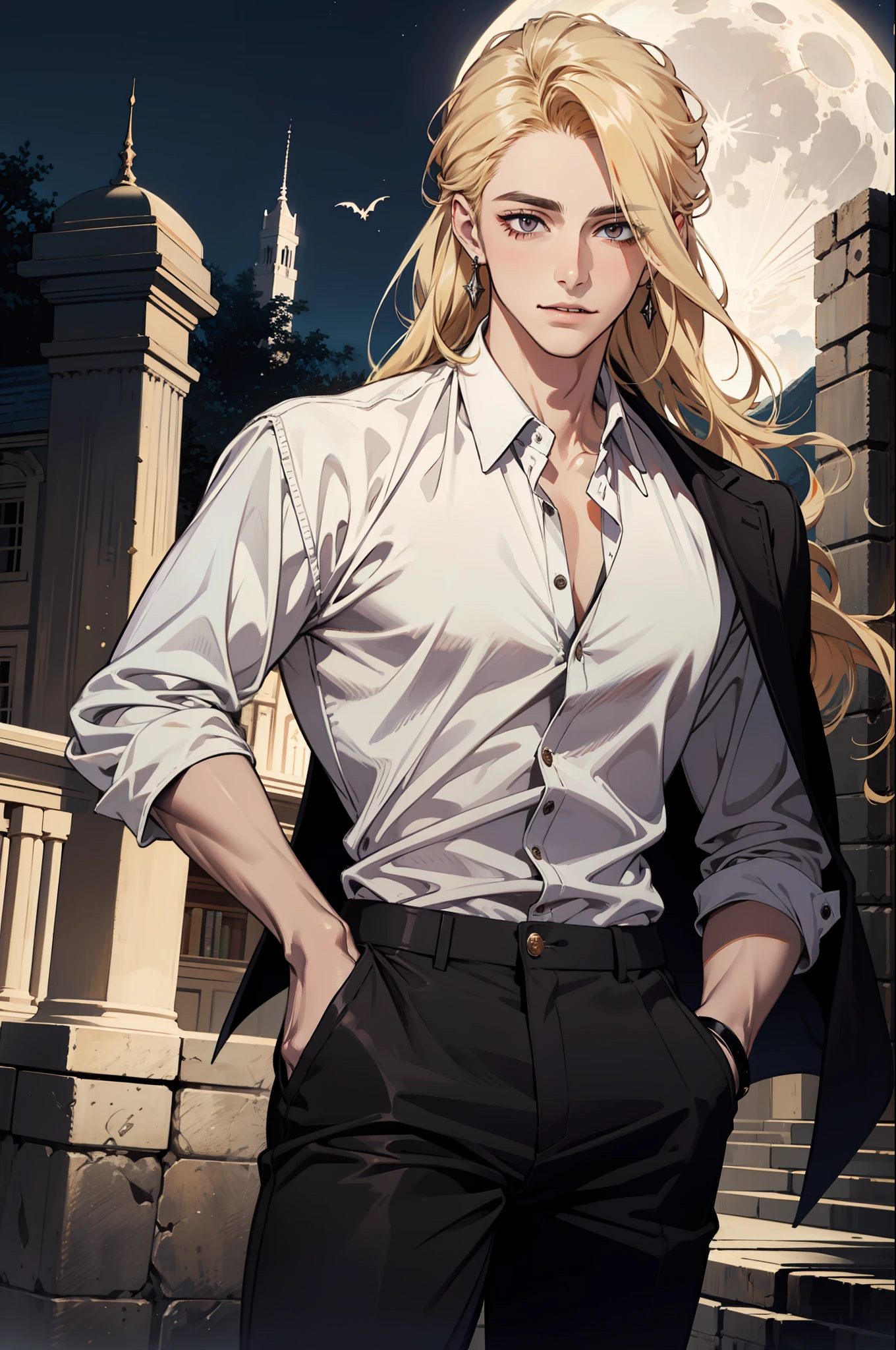 (absurdres, highres, ultra detailed), 1man, 30 years old man, adult man, handsome, tall,, finely detailed eyes and detailed face, leather pants, (((white shirt))), night, smile, dutch angle, ((long hair, blonde hair)), moon, gold details, earrings, gothic, vampire, vampire prince, dark, simple clothes, looking at the view, pale skin, red detailed eyes, (masculine), sexy, elegant, long bangs, detailed hands