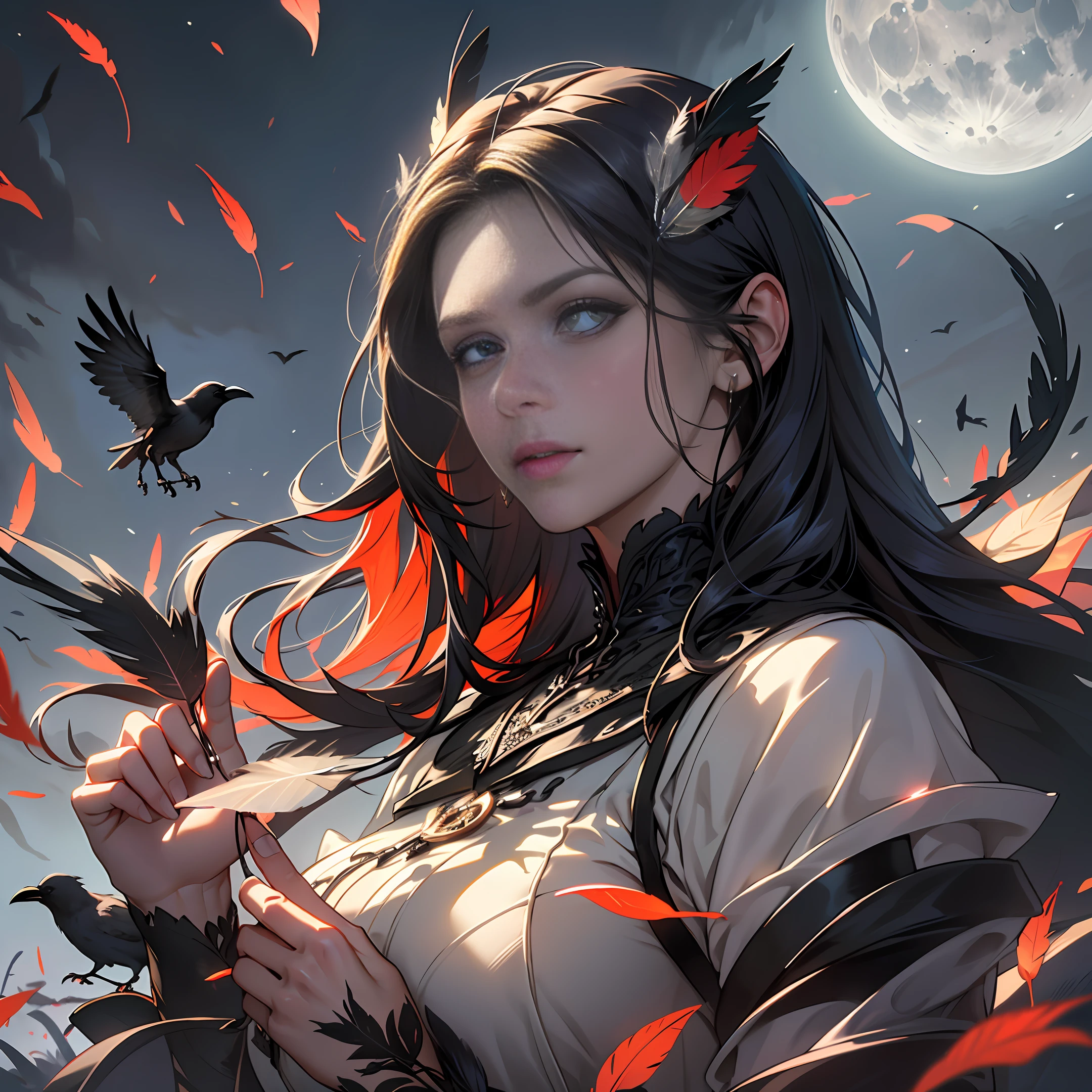 An extremely detailed portrait of an demoniac beautiful gothic vampire woman in a victorian decorum, perfect body, (realistic mature woman), ((detailed Background)), (detailed grey sky), (detailed gothic suit), (detailed eyes). (dramatic lighting), ((Masterpiece)), ((crows)), ((perfect detailed hands)), detailed cloud, ((intricate detail)), (((mature woman))), red Jewel-like eyes, (floating Strands of hair), black long hair, (((smooth skin))), (Haze), moonlight, ((surrounded by floating feathers and leafs)), focus on the subject, chiaroscuro, wind, road, church, HD wallpaper, UHD image --auto --s2