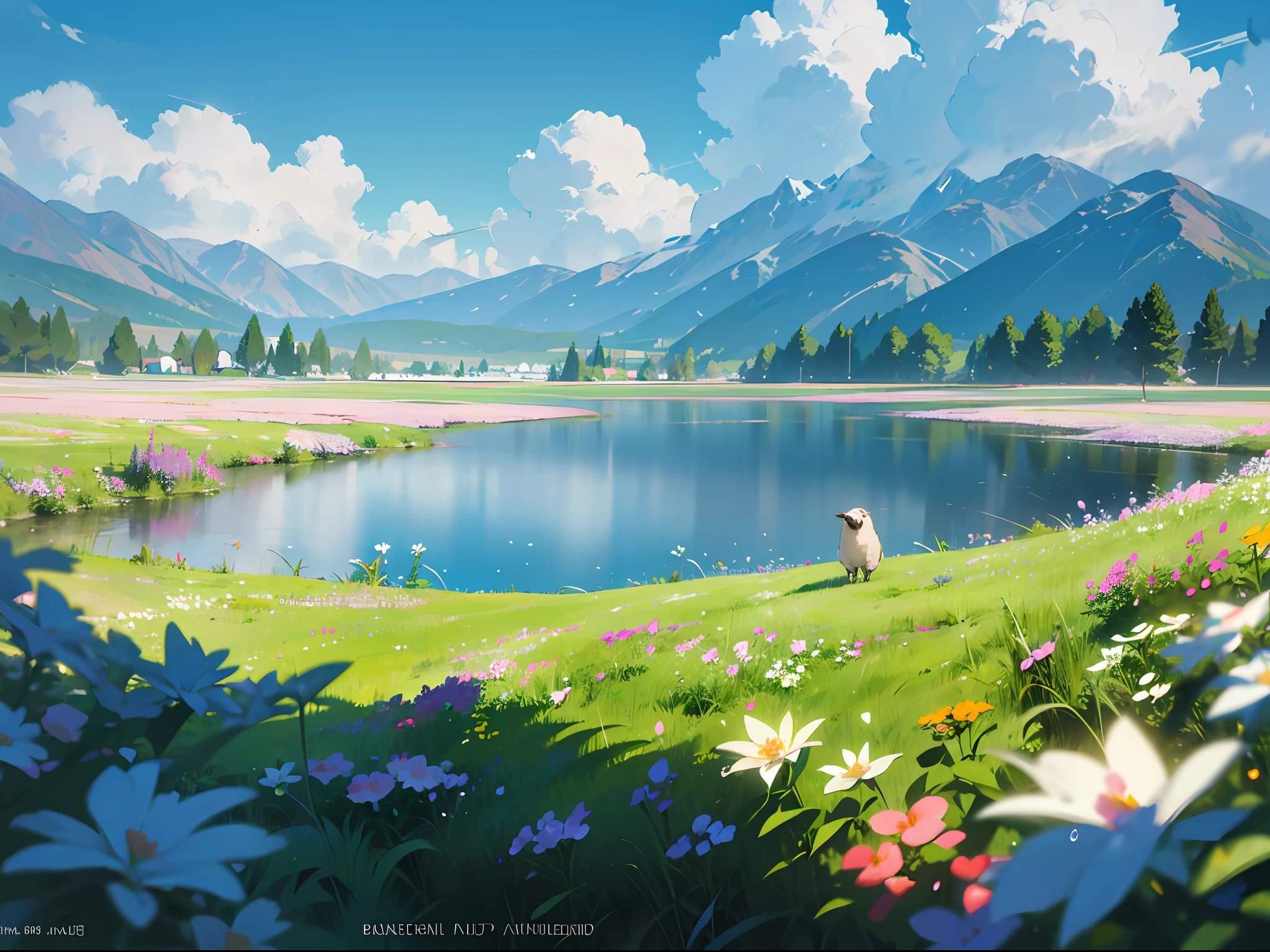Summer, meadows, lots of small flowers, clear lakes, sheep, heaven, big clouds, blue sky, hot weather, HD details, wet watermarks, hyper-detail, cinematic, surrealism, soft light, deep field focus bokeh, distant is snowy mountains, ray tracing and surrealism. --v6
