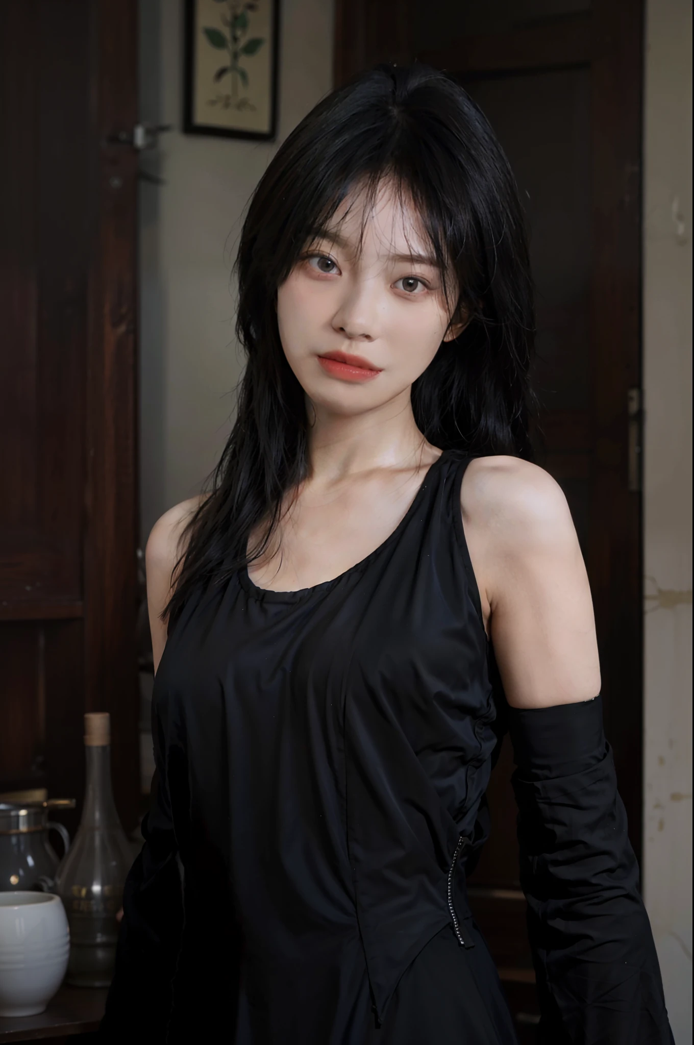 Best Quality, Masterpiece, Ultra High Resolution, (Realistic: 1.4), Best Quality, Masterpiece, Ultra High Resolution, Perfect Body Beauty: 1.4, (Black Long Dress), Super Fine Face, Fine Eyes, Double Eyelids, Black Silk, Original Photo