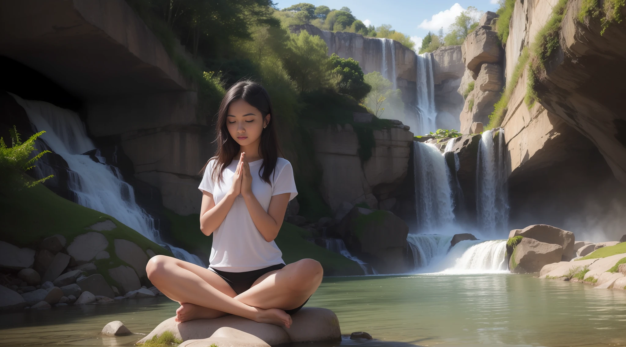 Masterpiece, best quality, best quality, ultra high res, 1girl sitting on a rock in front of a waterfall doing yoga, hands as a prayer, beautiful picture, beautiful, stunning image, next to a waterfall, stunning visual, with waterfalls, with trees and waterfalls, beautiful, ancient ruins and waterfalls, bathe in a waterfall, Beautiful landscapes, Lotus pose,  Waterfalls and lakes, quiet, with waterfalls and river, beautiful view
