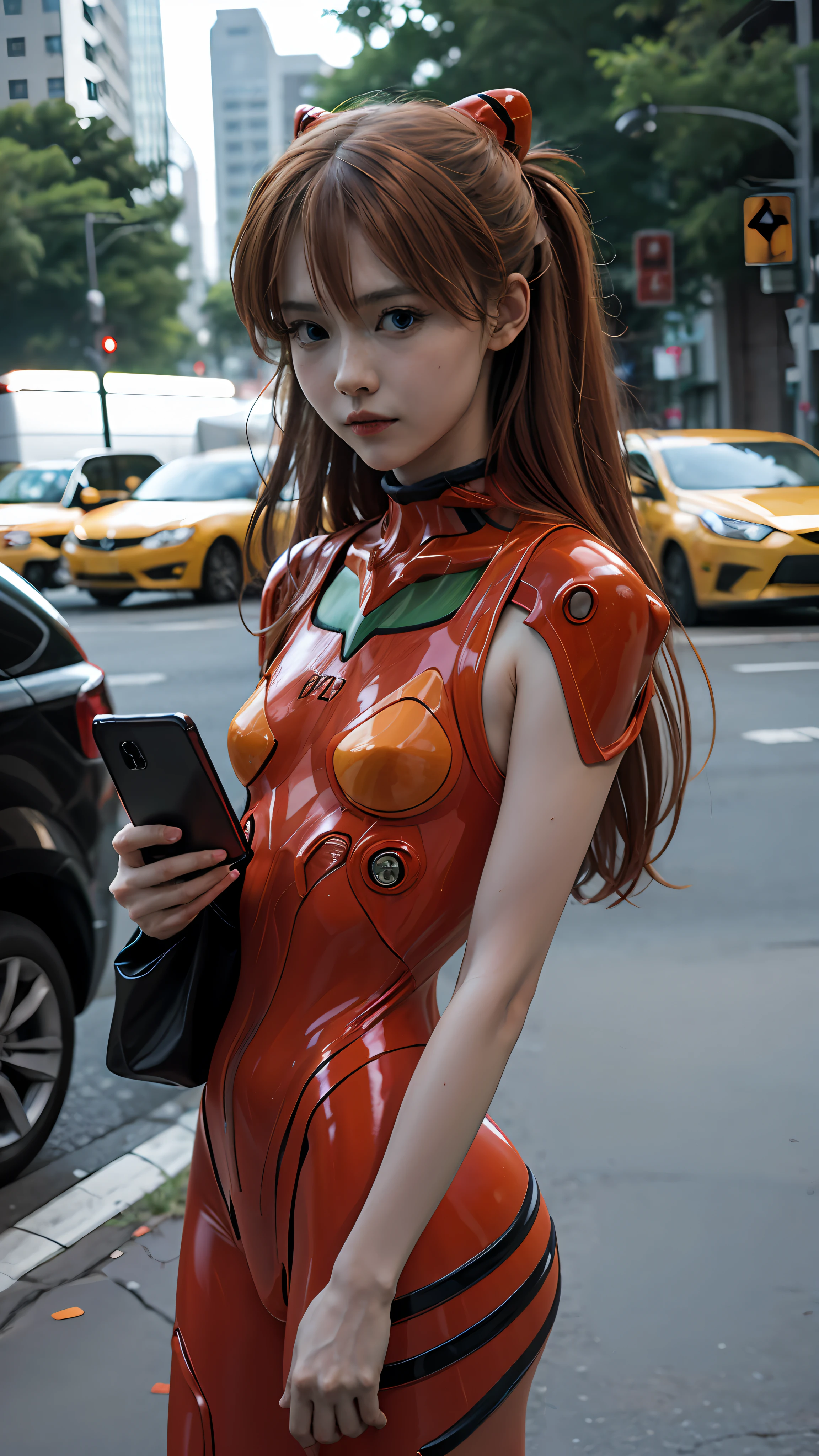 Asuka langley evangelion, a stunning woman, confidently using her phone on a vibrant city street in trendy attire.