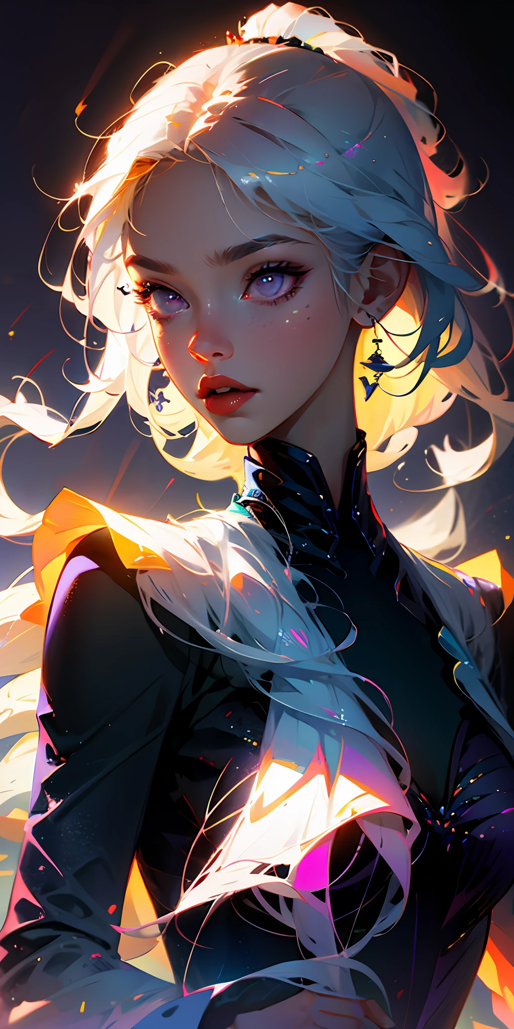 1girl, white hair, multicolored hair, purple eyes, mask on head, sidelighting, light particles, wallpaper, --auto