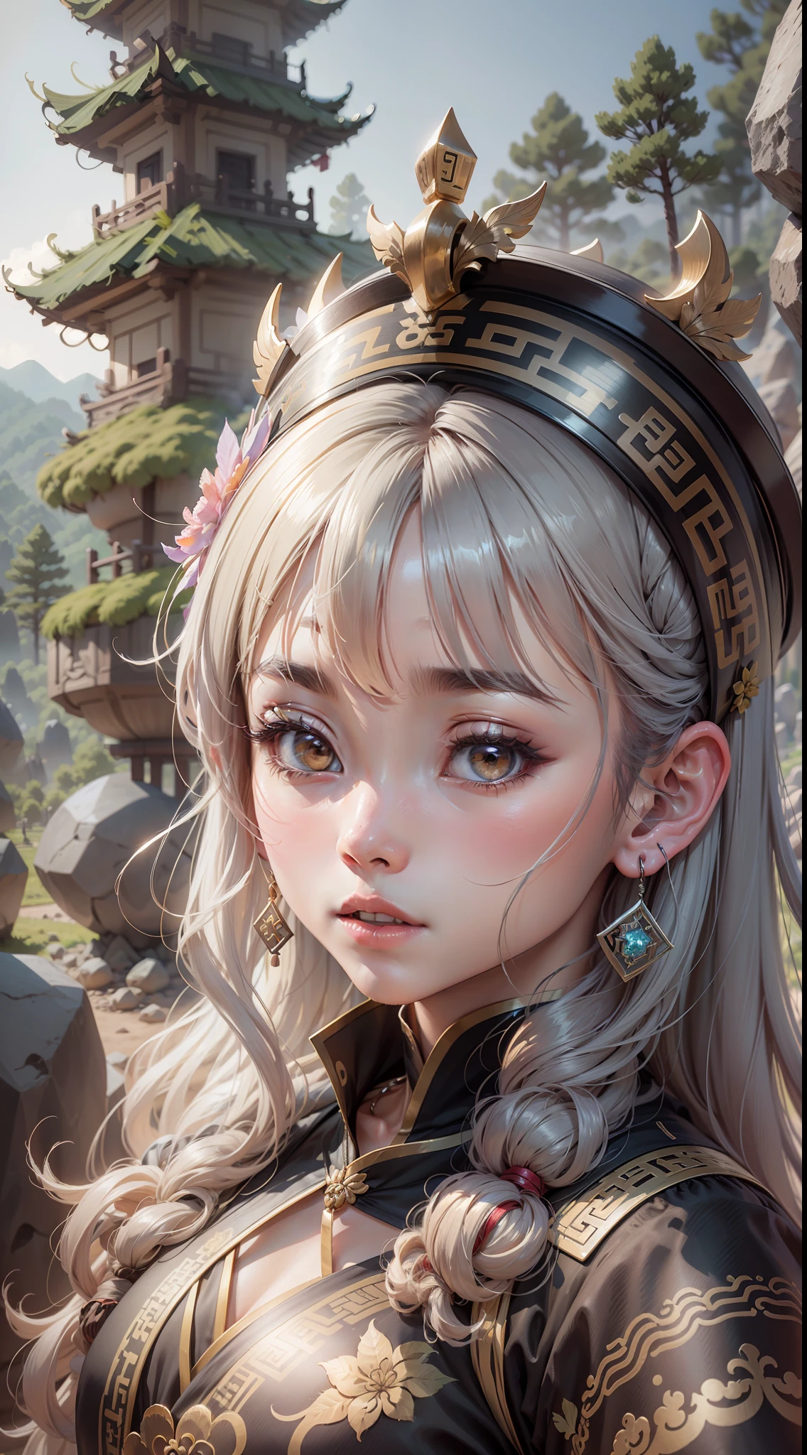 Ethnic style girl, wearing a silver crown, silver oval earrings on her ears, behind her is a stone forest, Chinese stone forest, Kunming stone forest, full body portrait, national costumes, Chinese style illustration, heads-up perspective, super details, 4K picture quality, cartoon style