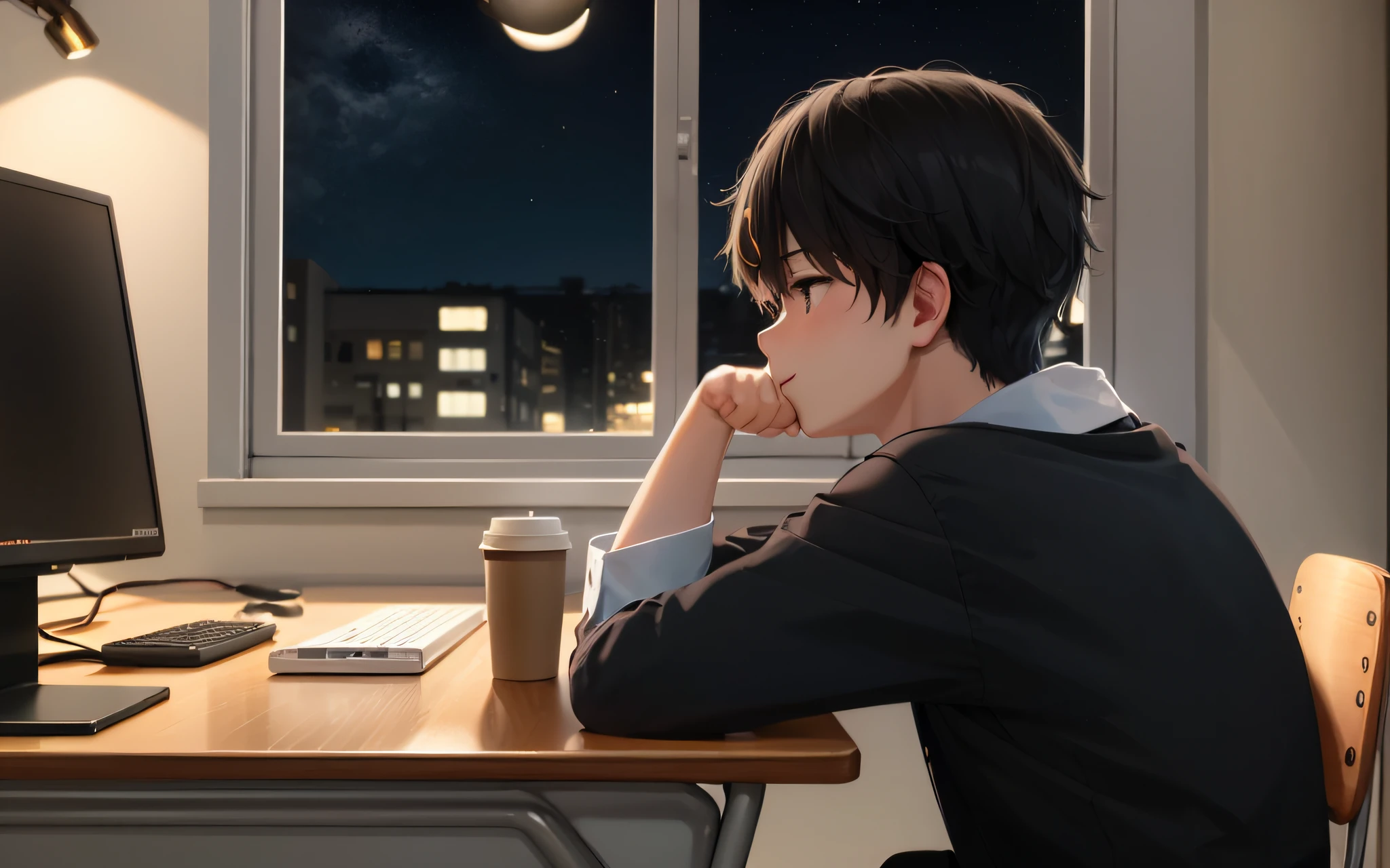 Anime man sitting at desk drinking computer and coffee, anime art wallpaper 8 K, 4K anime wallpaper, smooth anime CG art, digital anime illustration, Makoto Shinkai. Digital Rendering, Anime Style 4K, Anime Art Wallpaper 4K, Anime Art Wallpaper 4K, Anime Wallpaper 4K, Anime Wallpaper 4K, Soft Lighting, Glowing Eyes, Smile