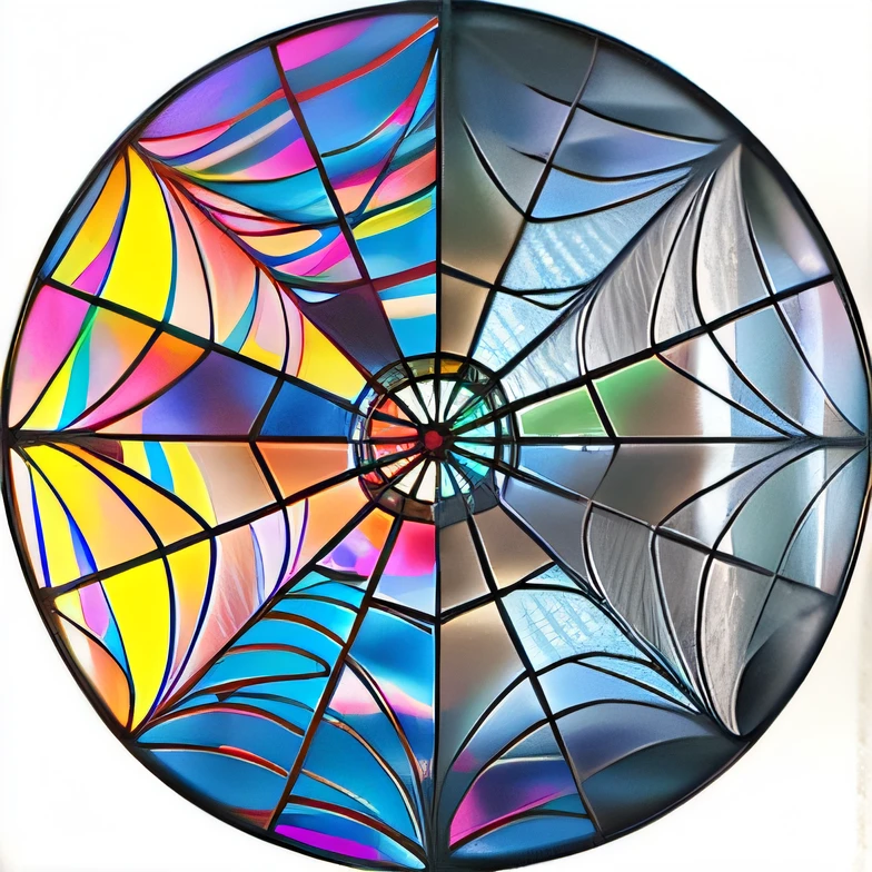 a close up of a circular stained glass window with a spider web, web of life, by Lisa Milroy, dew, by Justin Sweet, by Leticia Gillett, intricate wiccan spectrum, gothic stained glass style, by Winona Nelson, kaleidoscope, by Terese Nielsen, intricate stained glass, webs, created in adobe illustrator, psychedelic interconnections --auto