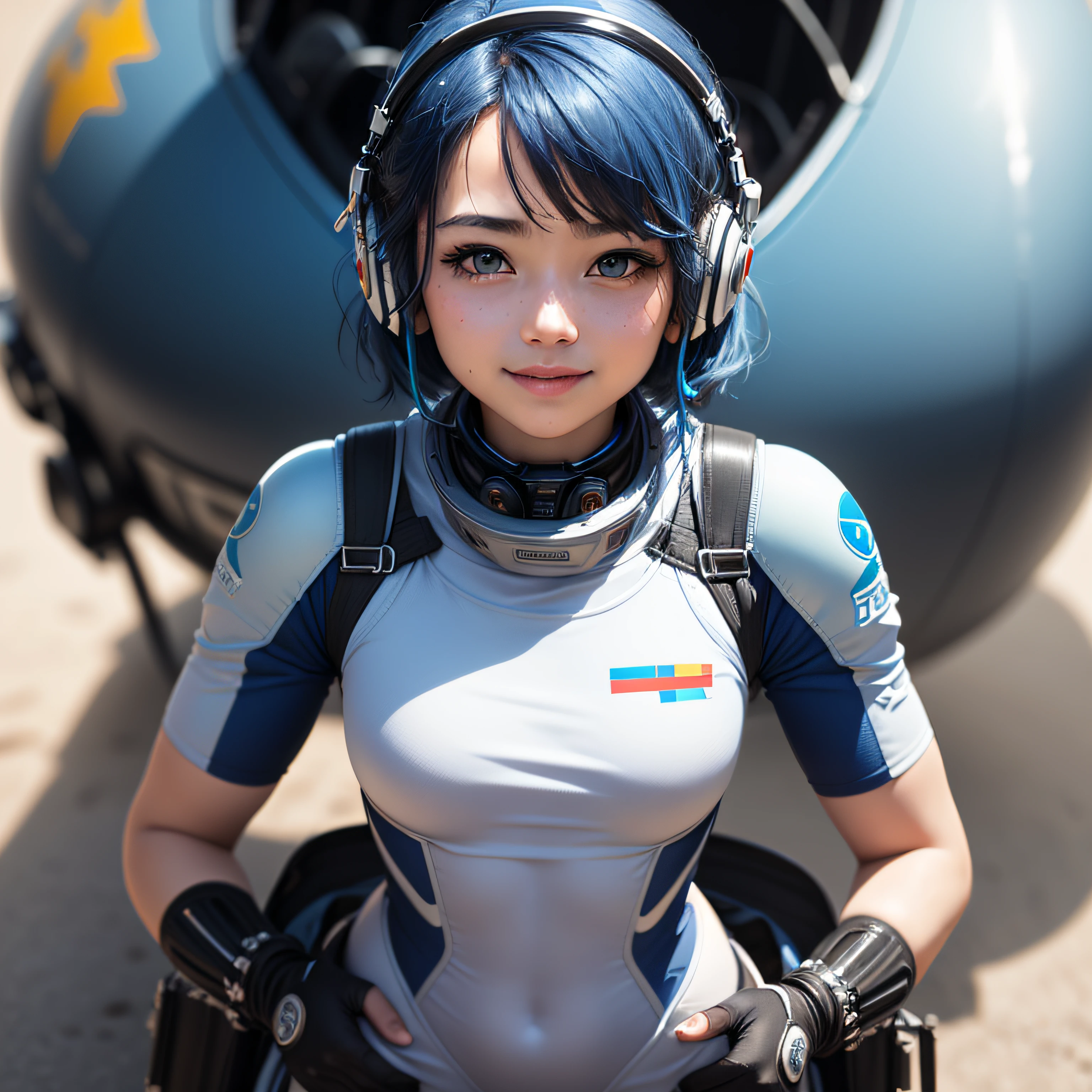 (masterpiece, highest quality, highest resolution, distinct_image, detailed details): (Solo, lone girl, face is Japan person, short cut, blue-haired girl, full body figure, (perfect body: 1.4), sparkly blue color eyes, pilot suit in white and blue color, tight fit clothes, clothes covering the whole body, very delicate and beautiful, detailed skin, slim body, exoskeleton, Gentle smile, heroine, headset, boots)