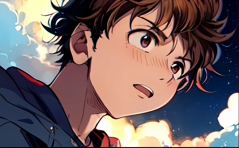 a anime of a man with a brown hair, jacket, focus, night, cloud, color manga, manga color, color manga, color manga panel, simple background