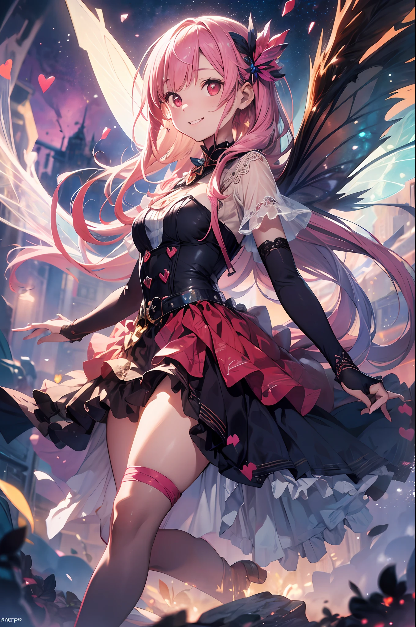 (masterpiece), (realistic), (best quality), (ultra-detailed), amazing, ((fairy of love, red eyes, lace wings, intricate fairy-tale outfit , shoes with hearts, very long white hair with pink strands, multicolored hair, dreamy smile)))), cinematic light, unusual angle and pose,)),(man focus:0.7) BREAK,Detailed,Realistic,4k highly detailed digital art,octane render, bioluminescent, BREAK 8K resolution concept art, realism,by Mappa studios,masterpiece,best quality,official art,illustration,ligne claire,(cool_color),perfect composition,absurdres, fantasy,focused, rule of thirds