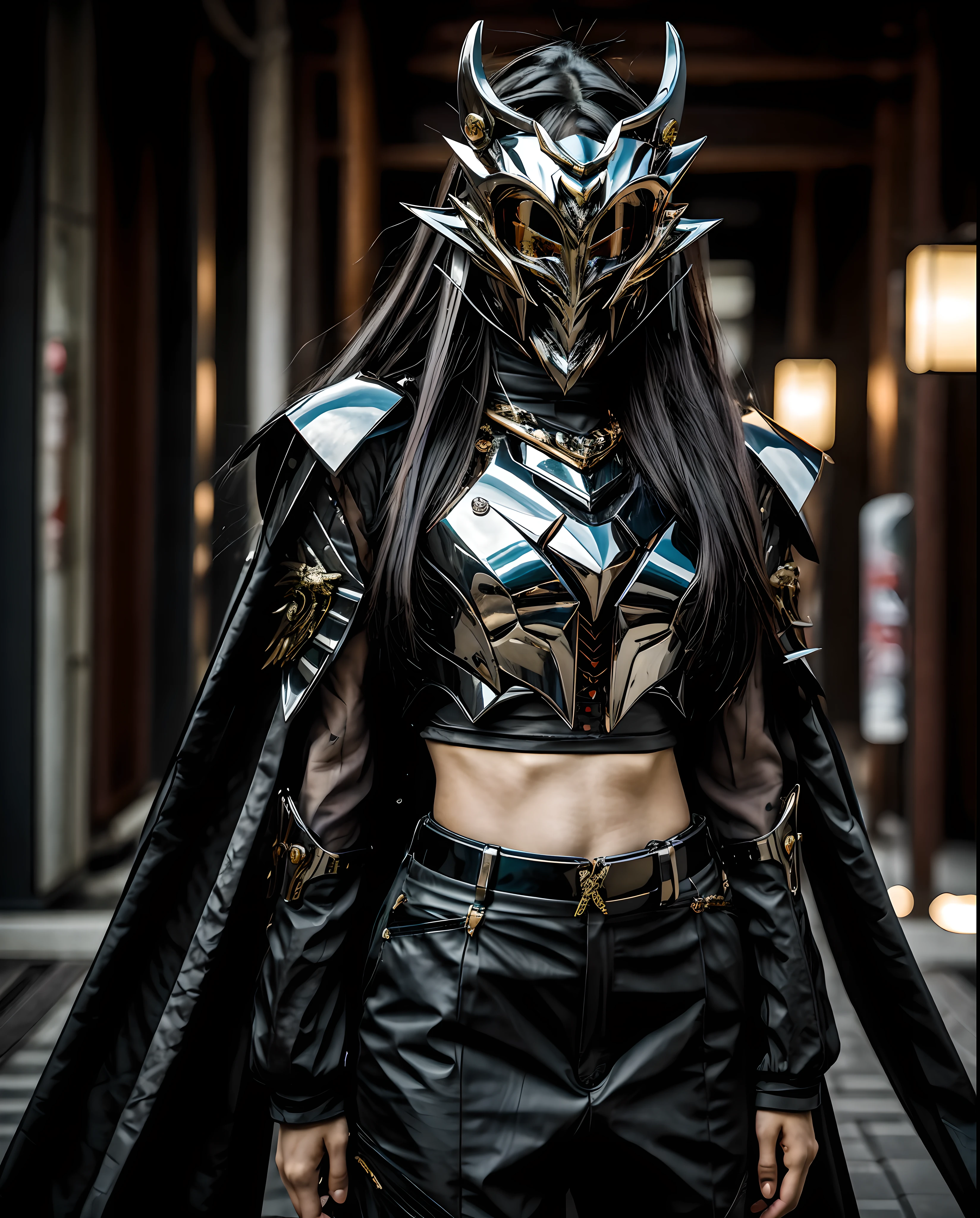 1 japanese girl, dragon veil, half body, dragon mask, dragon eye shield, cyborg tanktop, crop top, japanese oni mask, beautifull, demon mask,  Katana, silver long hair, night, dark, dim light  cyberpunk , eye shield, glowing eyes, glowing armor,  Torii, , glossy, shinny, futuristic, analog photo, 3d realistic, stuning potrait, (extremely detailed CG unity 8k wallpaper), professional photography, trending on ArtStation, trending on CGSociety, Intricate, High Detail, Sharp focus, dramatic, photorealistic, futuristic, pale skin, slim body, (high detailed face skin:1.2), 8k uhd, dslr, soft lighting, high quality, film grain, Fujifilm XT3, futuristic