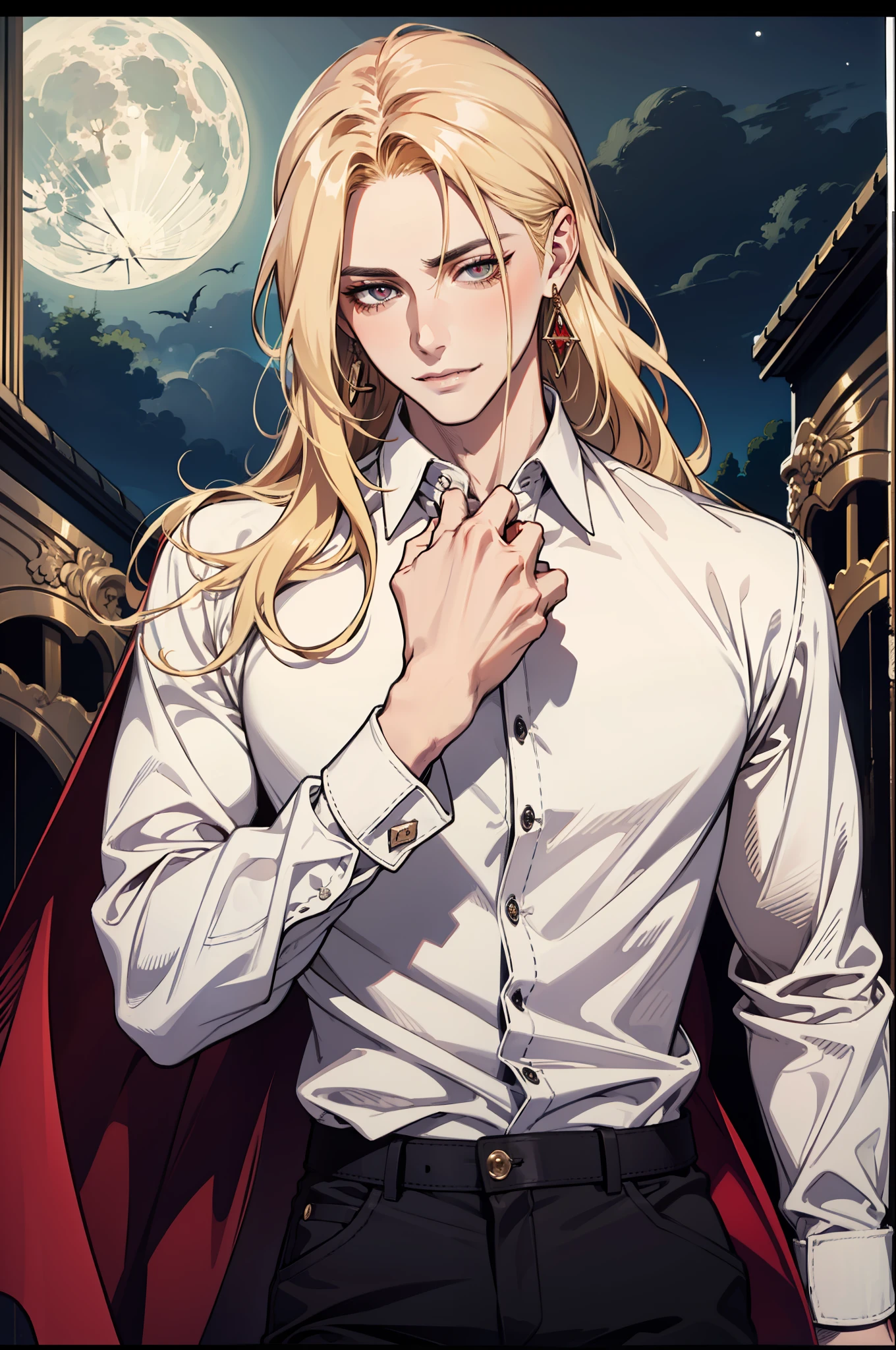 (absurdres, highres, ultra detailed), 1man, 30 years old man, adult man, handsome, tall,, finely detailed eyes and detailed face, leather pants, (((white shirt))), night, smile, dutch angle, ((long hair, blonde hair)), moon, gold details, earrings, gothic, vampire, vampire prince, dark, simple clothes, looking at the view, pale skin, red detailed eyes, (masculine), sexy, elegant, long bangs, detailed hands