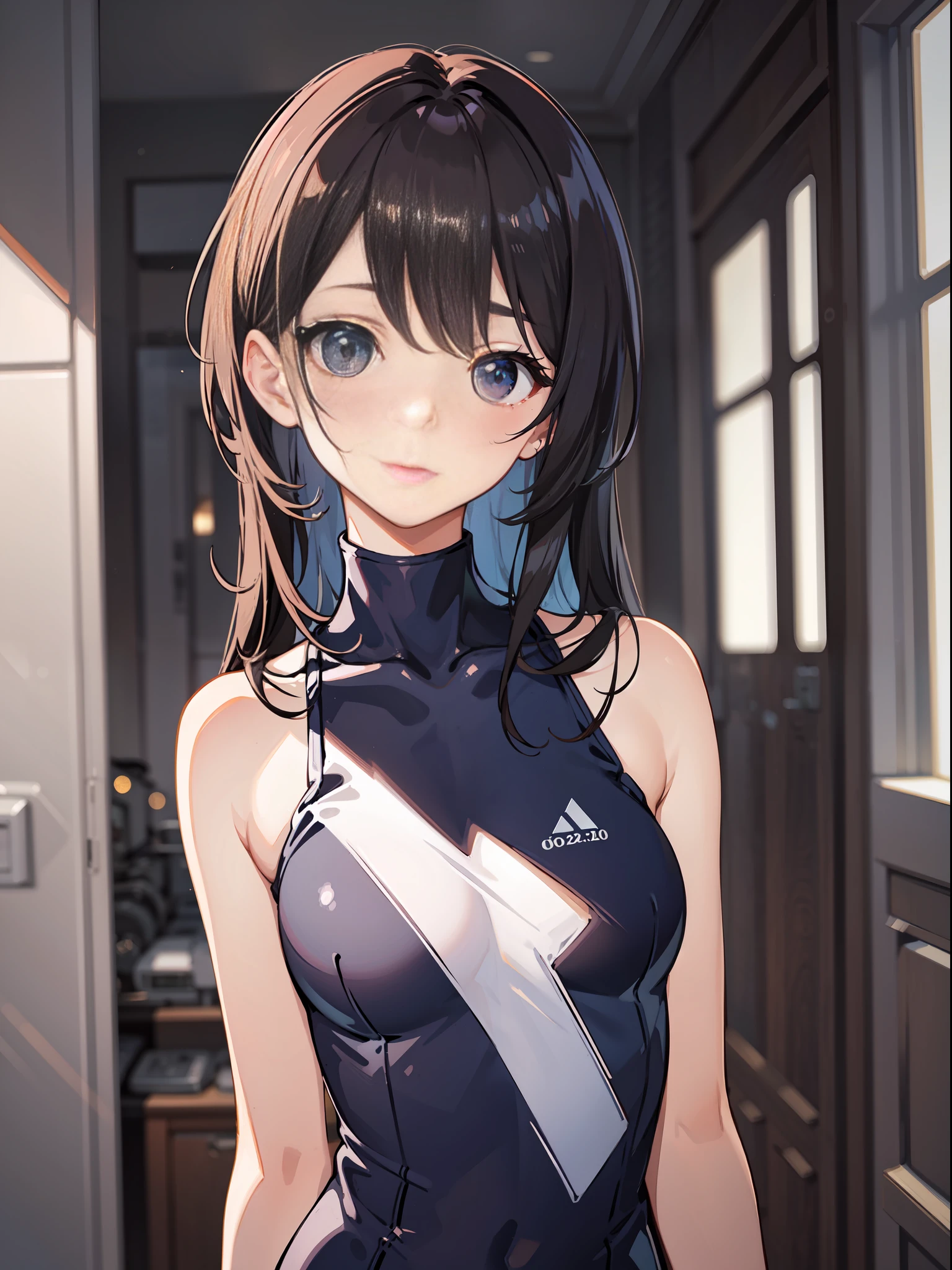Slender beautiful girl, alone, plug suit, school swimsuit, top quality, fine details, no blush, small breasts, small eyes