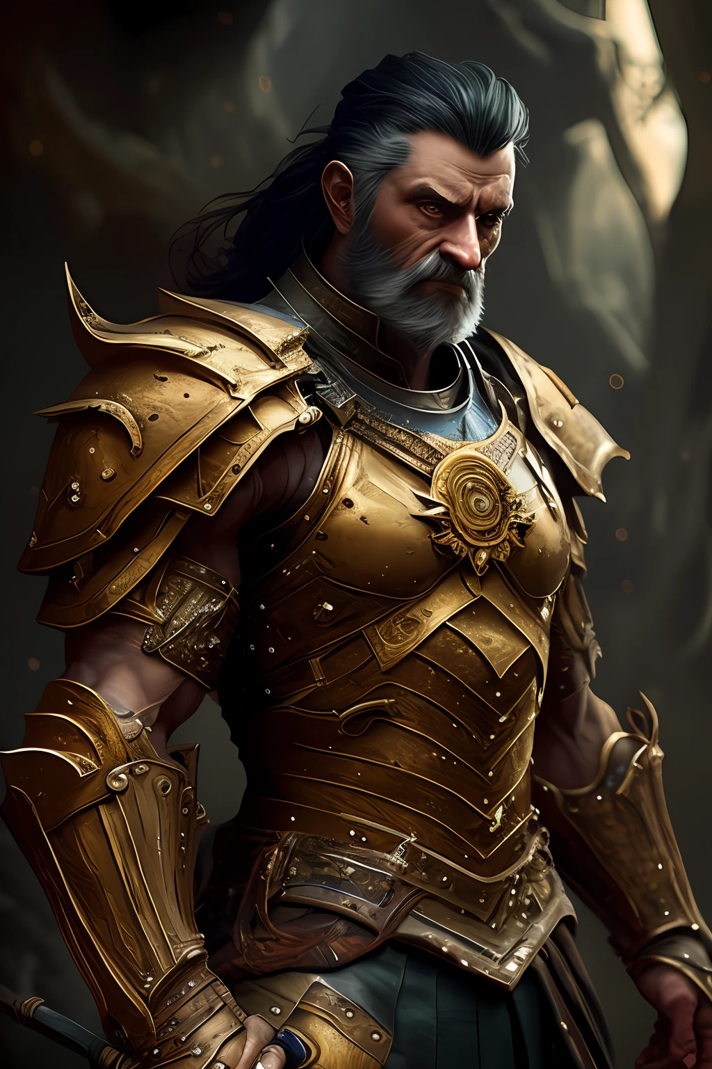 Image depicts Goliath, a giant of impressive stature, towering majestically against the horizon. Its sturdy body is covered by a gleaming armor, made of bronze plates and polished metal, which glows in the sunlight. His head is protected by an adorned helmet, with an imposing crest and golden visor, which hides his face and creates an air of mystery.