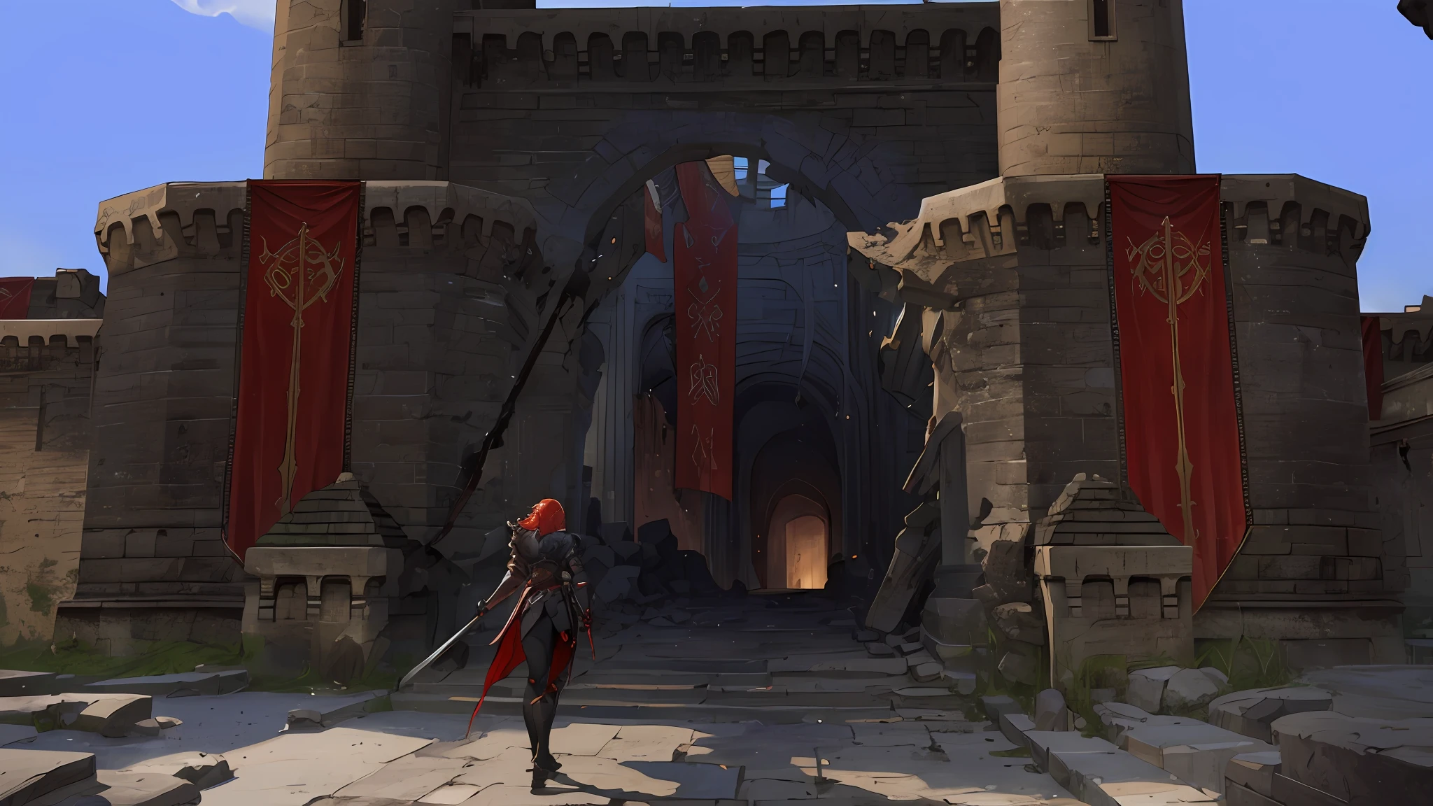 Human warrior standing in front of the castle gate, shiny armor, extremely detailed unity 8k CG wallpaper), (masterpiece), (best quality: 1.2), (high resolution), (illustration: 1.1), (cinematic light: 1.1), intricate and finely detailed details, (best illustration), 8k resolution, intricate details, best quality, realistic, ultra-detailed, best lighting, best shadow, ultra-HD, cryengine, ultra hd, (detailed reflection), Detailed shadows, (((intricate details))), soft, ((perfect shading)), high quality metal texture, metallic luster, very detailed illustration, (semi realistic: 1.6), (wide shot: 1.2), (face to knee: 1.3), ((dark)), fantasía_oscura, (embroidered armor: 1.5), facing the viewer, full armor, 1 boy, (solo), (male: 2.5), metal armor, (crew_cut_hair: 1.8), knight, (very short hair: 1.4), (red hair: 1.3), silver_armor, night, expressionless, heavy breathing, ((holding shield: 1.2)), head down, (holding sword: 1.5), Dragons flying in the sky, cuisses, gauntlets, shoulder pads, shoulder pads, cuirass, knight, in Passage, (robust muscular body), (robust physique), wild facial features, elegant pose, dynamic pose, leggings, gem, jewelry, armor ornament, ladders, pillar, column, gloomy and terrifying atmosphere, complicated background, dynamic camera angle, blood rain behind, (war zone), (((high-quality detailed ruins))), (depth of field), ((cinematic lighting)), ((horror)), ((dark fantasy)), Lovecraftian, spot color, monotonous, red, splattered blood, (better lighting), (hyper-intricate details), ((ultra-detailed)), 4k unit, (extremely detailed CG: 1.2), (8k: 1.1), ((horizontal view)), Artstation, ((by sui ishida, by Wenjun Lin, by stefan Morrell)), dark fantasy art, ((semi-realistic)), (realism), (dynamic) mmorpg, aion, amazing mmorpg, <mmorpgs scene, ruan jia and artgerm,