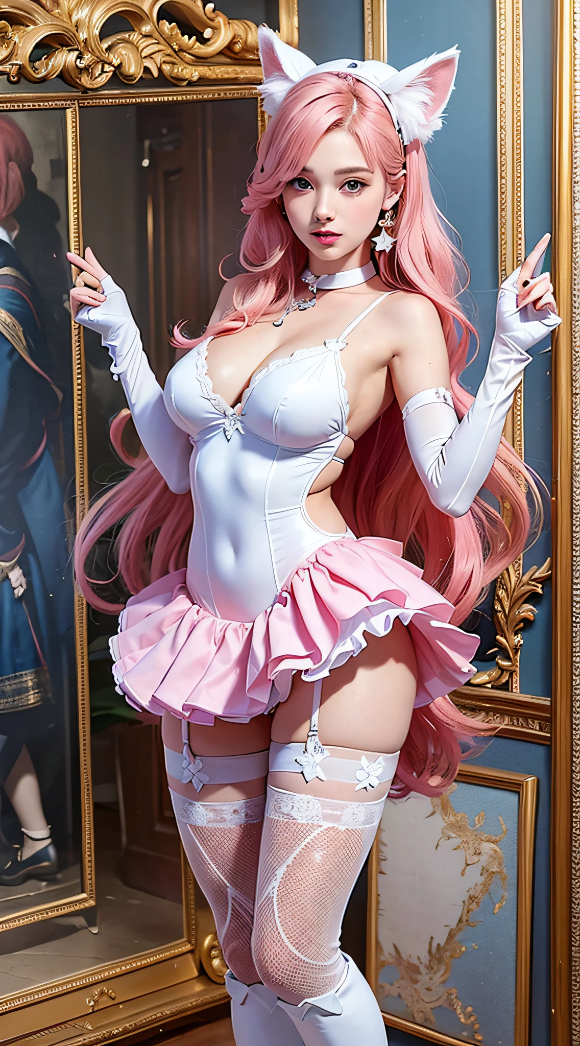 (((Masterpiece))), 1girl, super detailed, hyperrealistic face, (flirtatious expression), white leotard with a pleated skirt, choker, sailor collar, a bow on the back of the waist, circlet, earrings, a bow and brooch on the chest, white elbow gloves, luminescent cat ears, ((super cute face)), ((angelic face)), ((incredibly beautiful eyes)), (luminous blue eyes), (full body), pink boots,  (luminous hair), blonde hair, super sexy hair, (delicate and perfect hands), (perfect anatomy), super delicate and sexy body, sexy pose, ((ulzzang)), (super thin face), delicate features, ultra detailed, best quality, cinematic lighting, captivating beauty, sexy look, beautiful star background