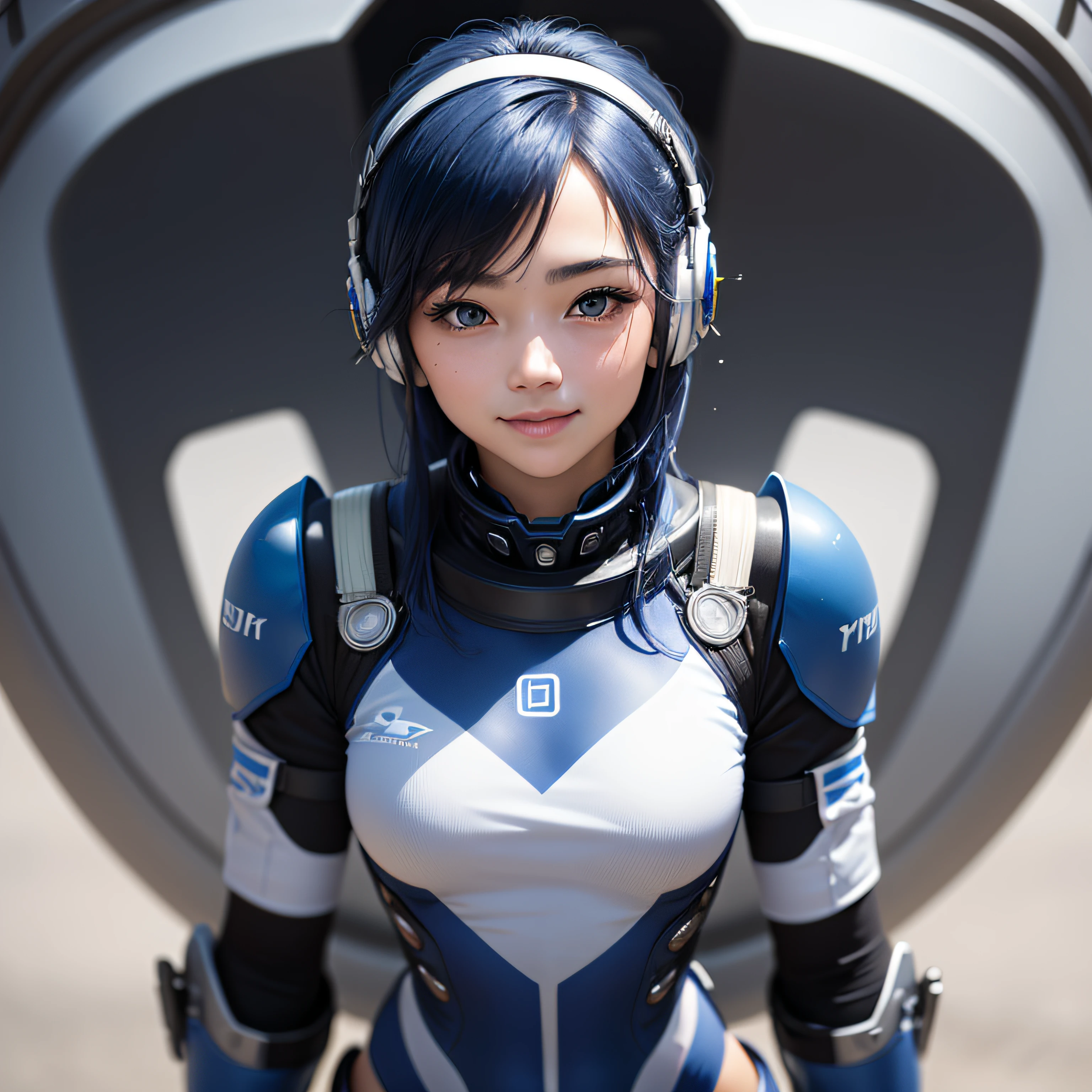 (masterpiece, highest quality, highest resolution, distinct_image, detailed details): (Solo, lone girl, face is Japan person, short cut, blue-haired girl, full body figure, (perfect body: 1.4), sparkly blue color eyes, pilot suit in white and blue color, tight fit clothes, clothes covering the whole body, very delicate and beautiful, detailed skin, slim body, exoskeleton, Gentle smile, heroine, headset, boots)