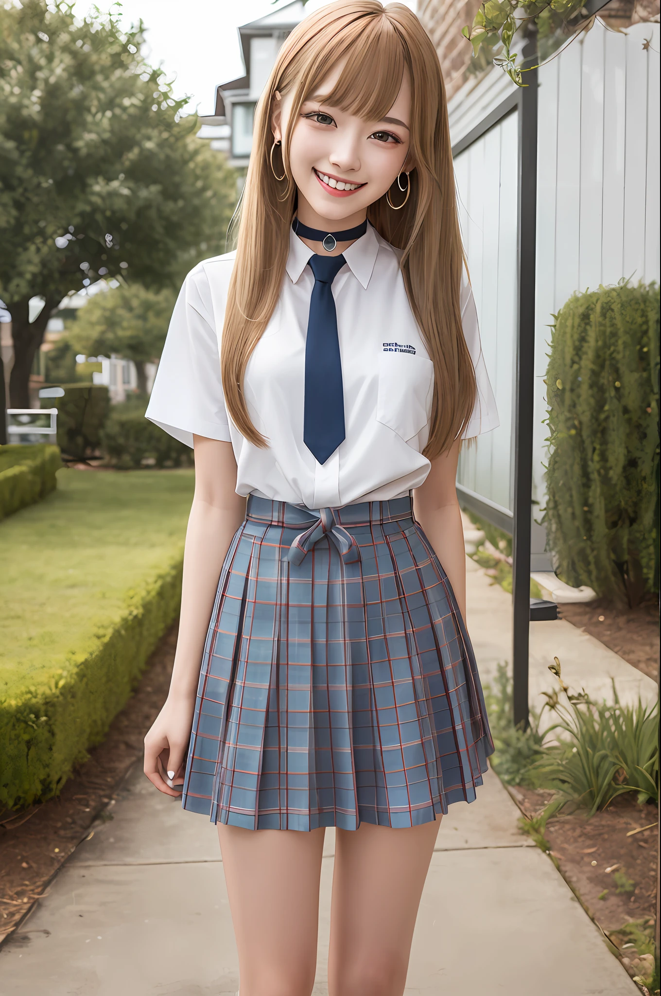 masterpiece, best quality, highres, kitagawa marin, 1girl, blonde hair, long hair, multicolored hair, red eyes, jewelry, earrings, piercing, school uniform, white shirt, tied shirt, black choker, blue necktie, plaid skirt, grin, smile, standing, cowboy shot, outdoors,