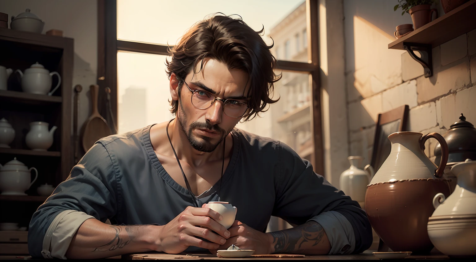 a man modeling a piece of pottery. --auto