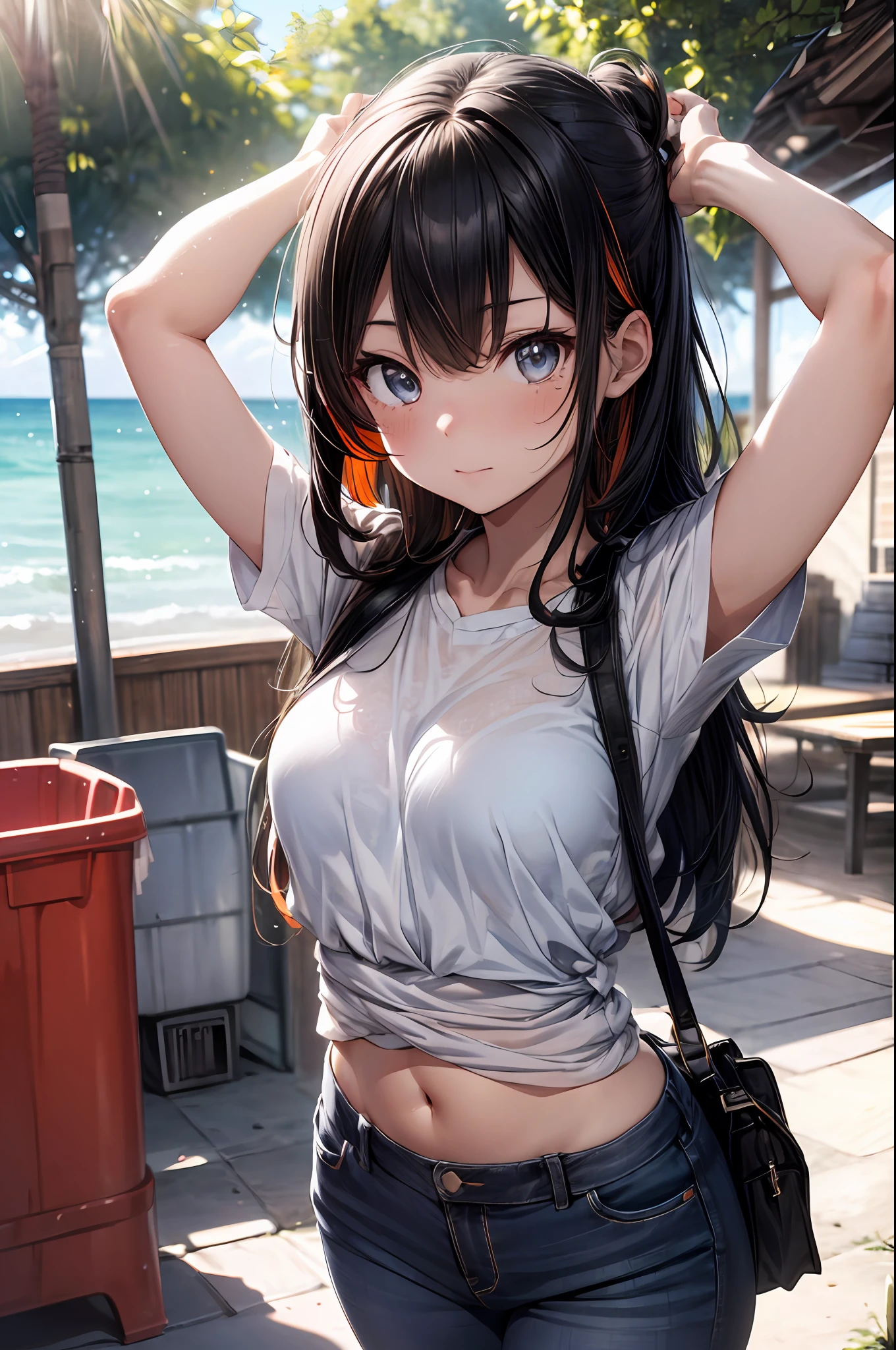 ((Halftone)), (masterpiece), (best quality), (official art, extremely detailed CG unity 8k wallpaper), (highly detailed), ((absurdness)), (best shadow), (detailed background), (delicate eyes, captivating eyes, complex eyes, detailed eyes, perfect eyes), (perfect anatomy), ((Handsome Girl)), ((Upper body)), (light:1.2), (colorful), one side up, (high angle shot), dynamic angle, sharp eyes, long eyelashes, a anime girl Asian tomboy character, 1 girl, solo, (black hair), (orange hair), (multicolored hair), (medium straight hair, chin length), Beach, (sunlight:1.4), orange bikini, sunglasses, (short jeans), navel, (Raise your arms and gather your hair:1.5), scruff, (Popsicle stains), shiny skin, shiny body, bad-girl, mature female, nice hands perfect hands, (Tsurime Eyes),