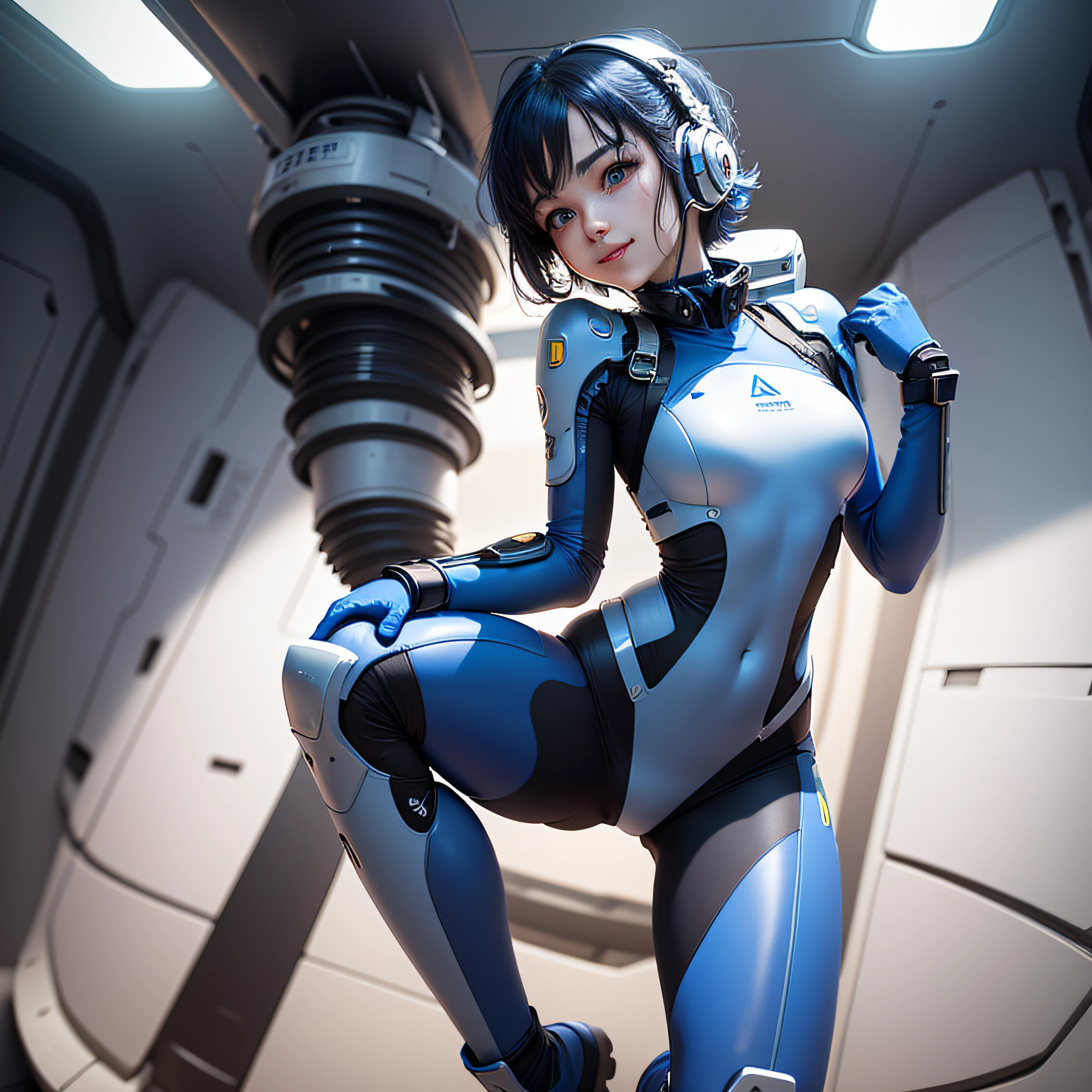 (masterpiece, highest quality, highest resolution, distinct_image, detailed details): (Solo, lone girl, face is Japan person, short cut, blue-haired girl, full body figure, (perfect body: 1.4), sparkly blue color eyes, pilot suit in white and blue color, tight fit clothes, clothes covering the whole body, very delicate and beautiful, detailed skin, slim body, exoskeleton, Gentle smile, heroine, headset, boots), on board of the spaceship